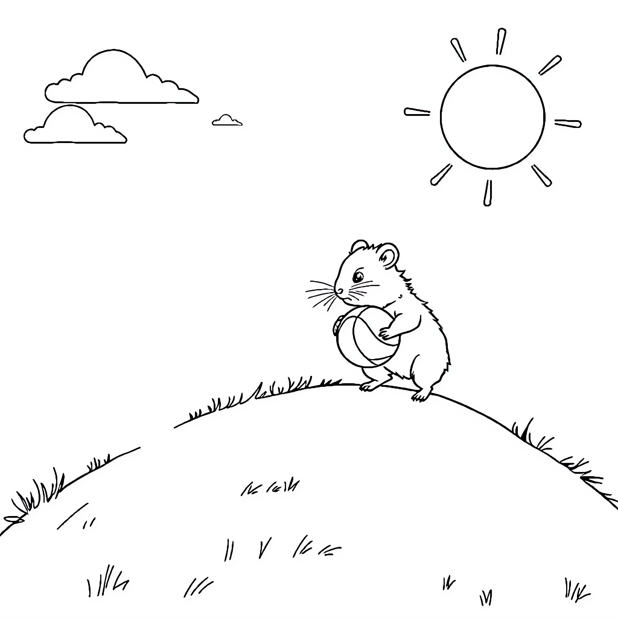Hamster enjoying a sunny day outdoors Coloring Page (free black-and-white line drawing printable PDF for all, from beginners to advanced learners, including children, teens, adults, and seniors)