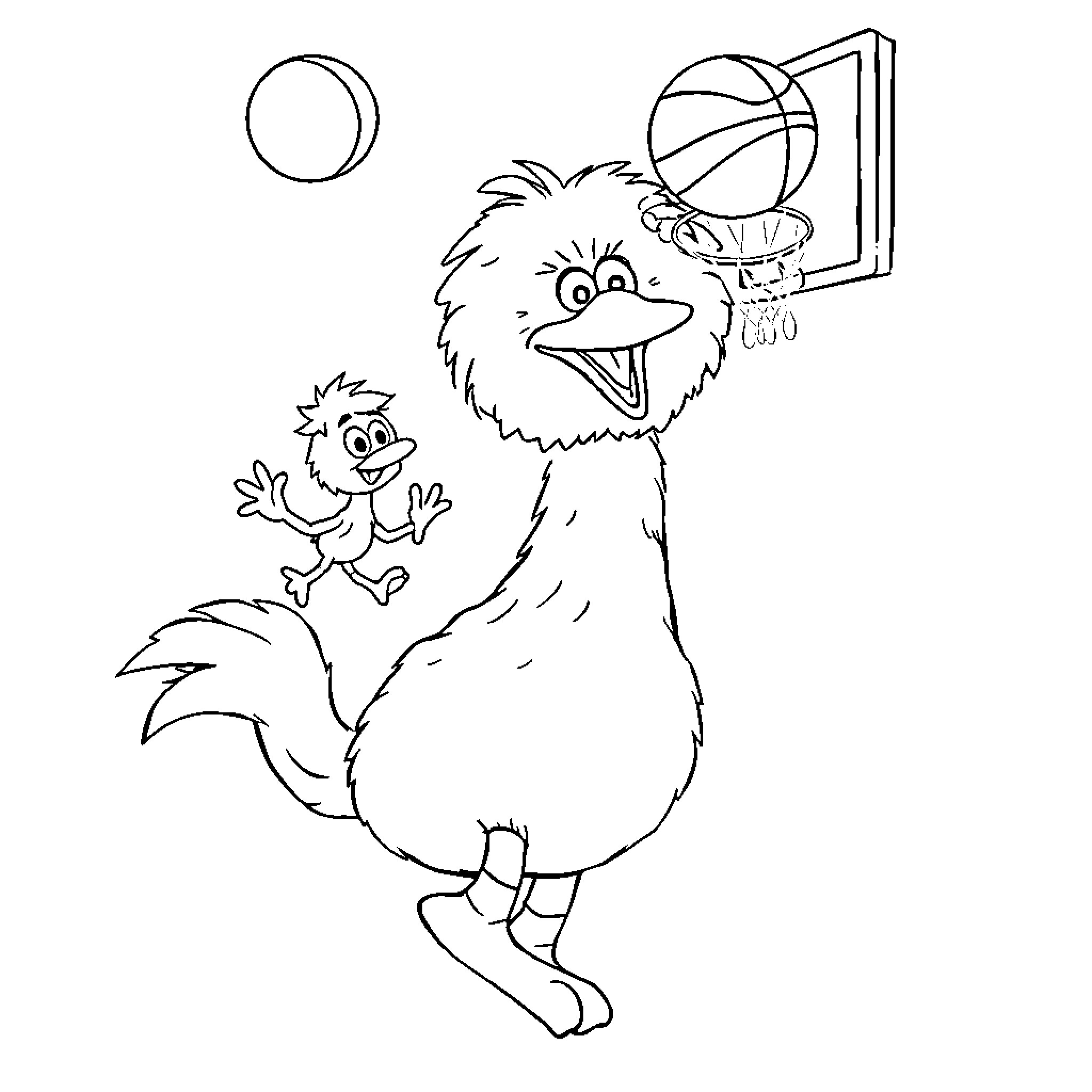 Woodstock playing basketball with Tweety Bird Coloring Page (free black-and-white line drawing printable PDF for all, from beginners to advanced learners, including children, teens, adults, and seniors)