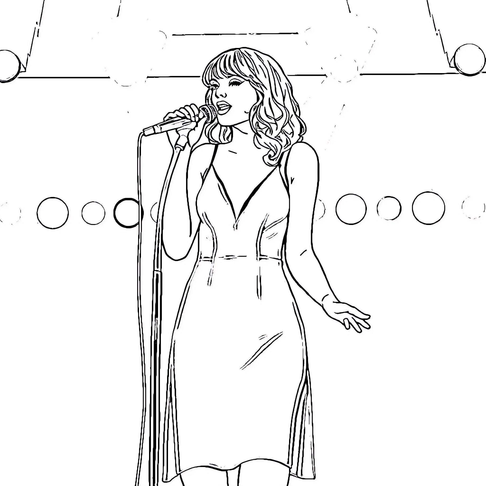 Taylor Swift performing on stage in a long dress Coloring Page (free black-and-white line drawing printable PDF for all, from beginners to advanced learners, including children, teens, adults, and seniors)