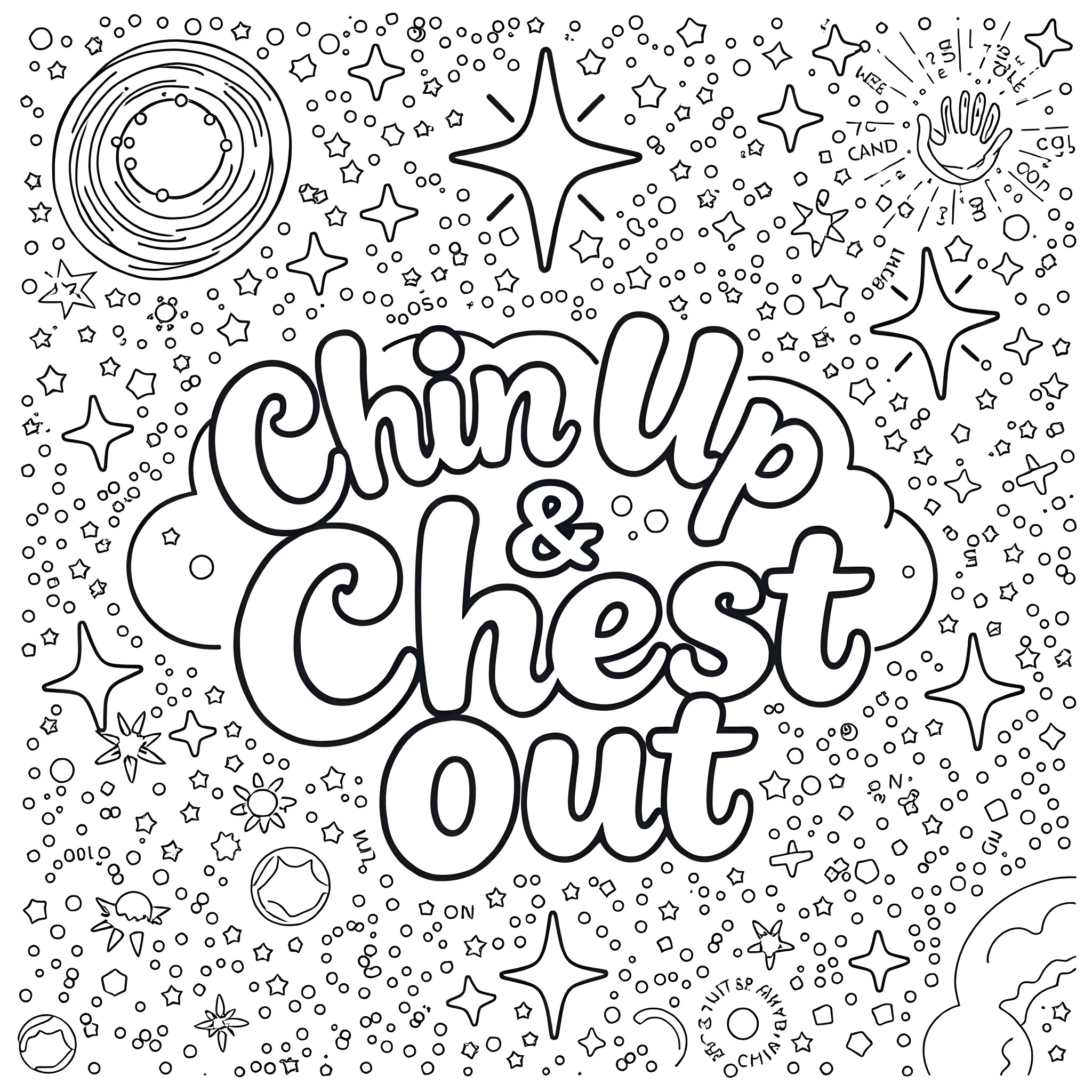 Cloud of stars and shapes surrounding text Coloring Page (free black-and-white line drawing printable PDF for all, from beginners to advanced learners, including children, teens, adults, and seniors)