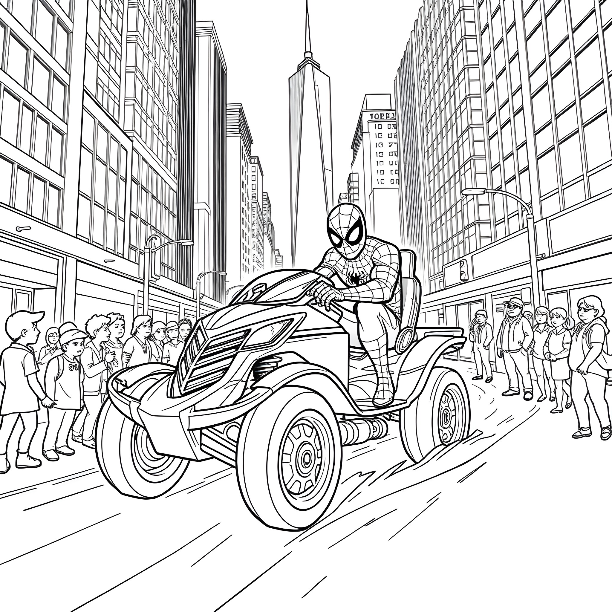 Spider-Man's Exciting Ride through the City Coloring Page (free black-and-white line drawing printable PDF for all, from beginners to advanced learners, including children, teens, adults, and seniors)