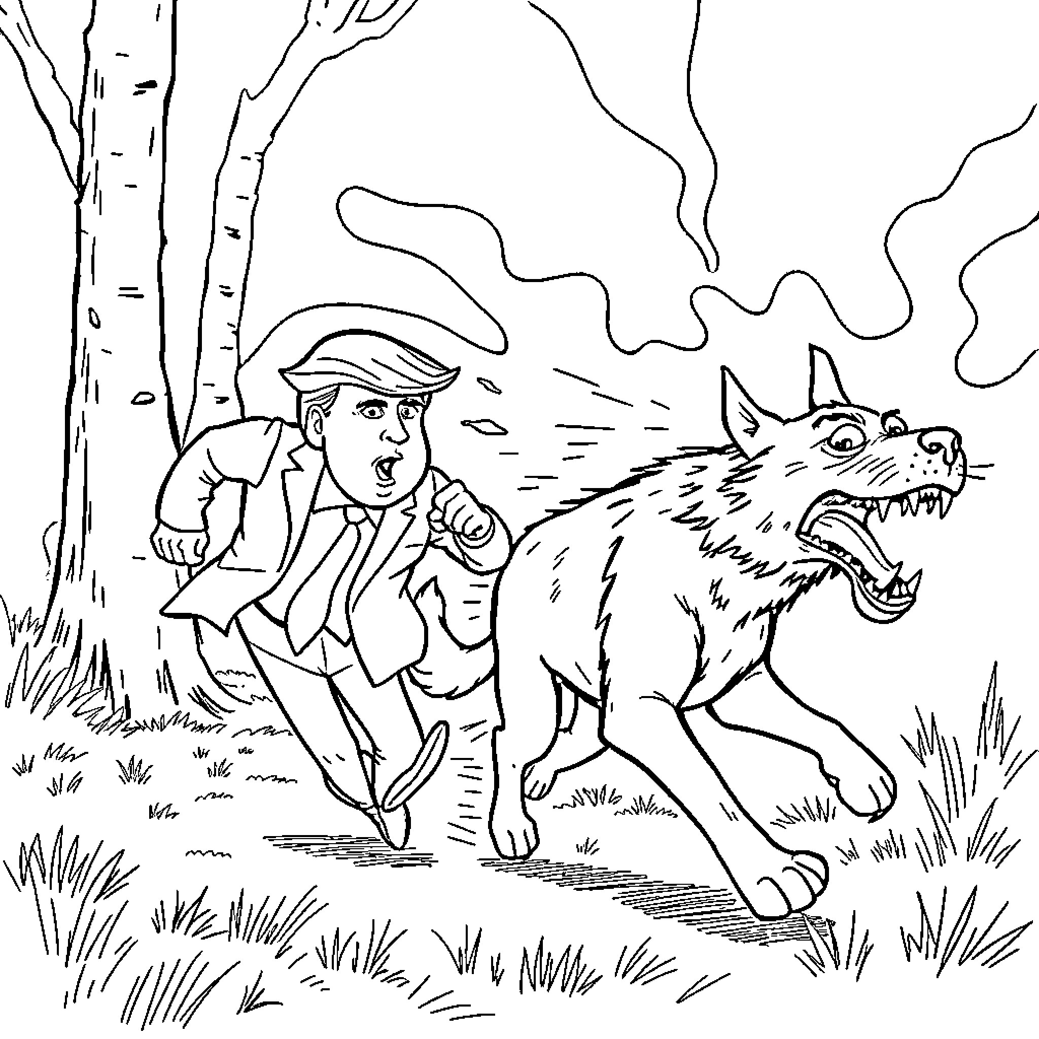 Dog escaping from angry wolf in the woods Coloring Page (free black-and-white line drawing printable PDF for all, from beginners to advanced learners, including children, teens, adults, and seniors)