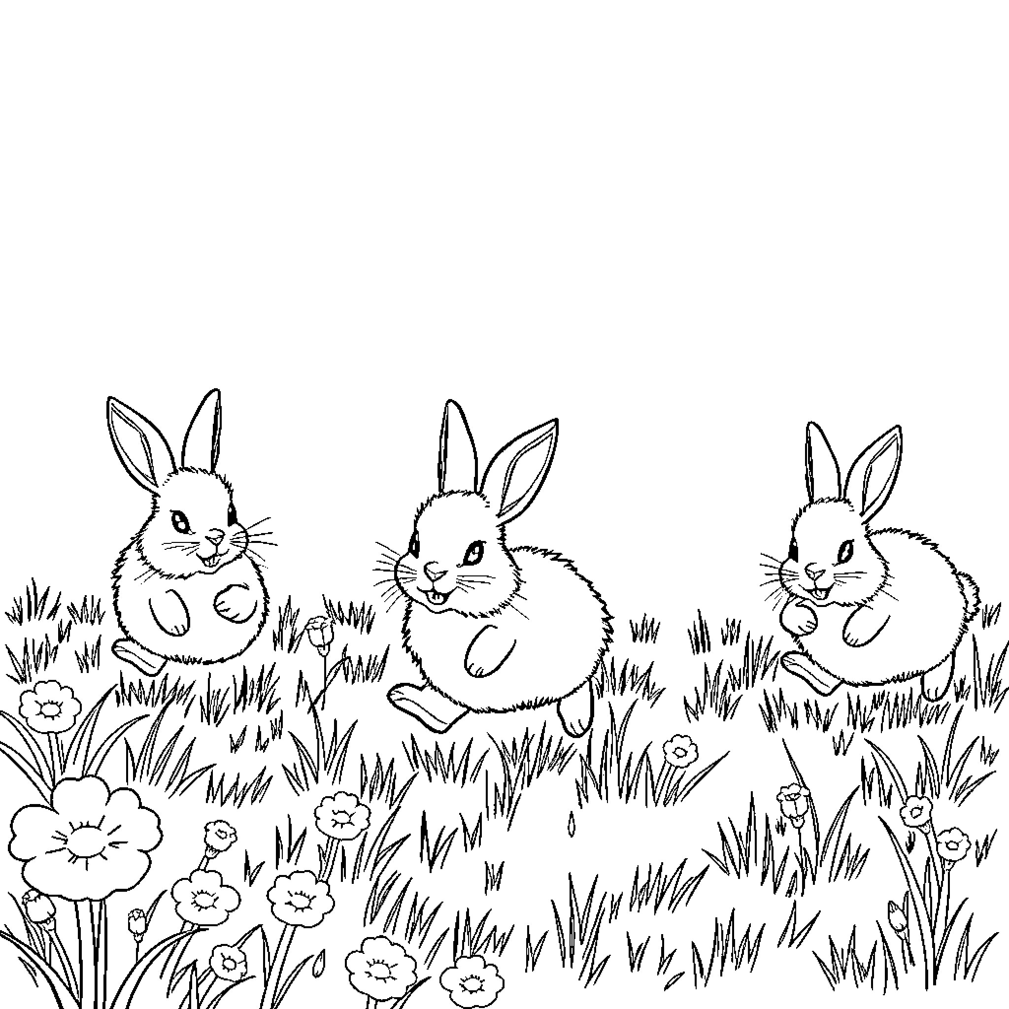 Rabbit family relaxing in the meadow Coloring Page (free black-and-white line drawing printable PDF for all, from beginners to advanced learners, including children, teens, adults, and seniors)