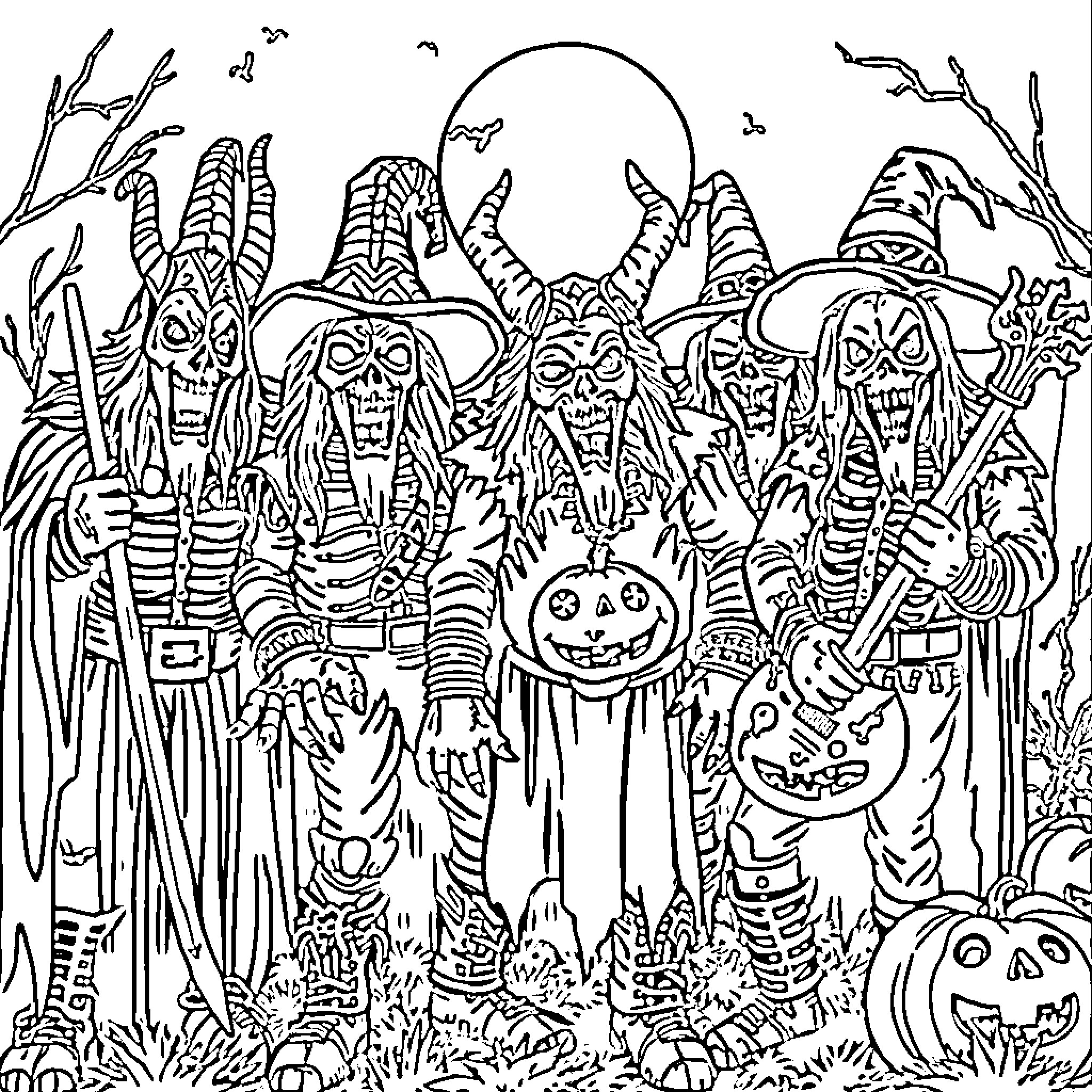 Gwar gathering of otherworldly creatures in spooky scene Coloring Page (free black-and-white line drawing printable PDF for all, from beginners to advanced learners, including children, teens, adults, and seniors)