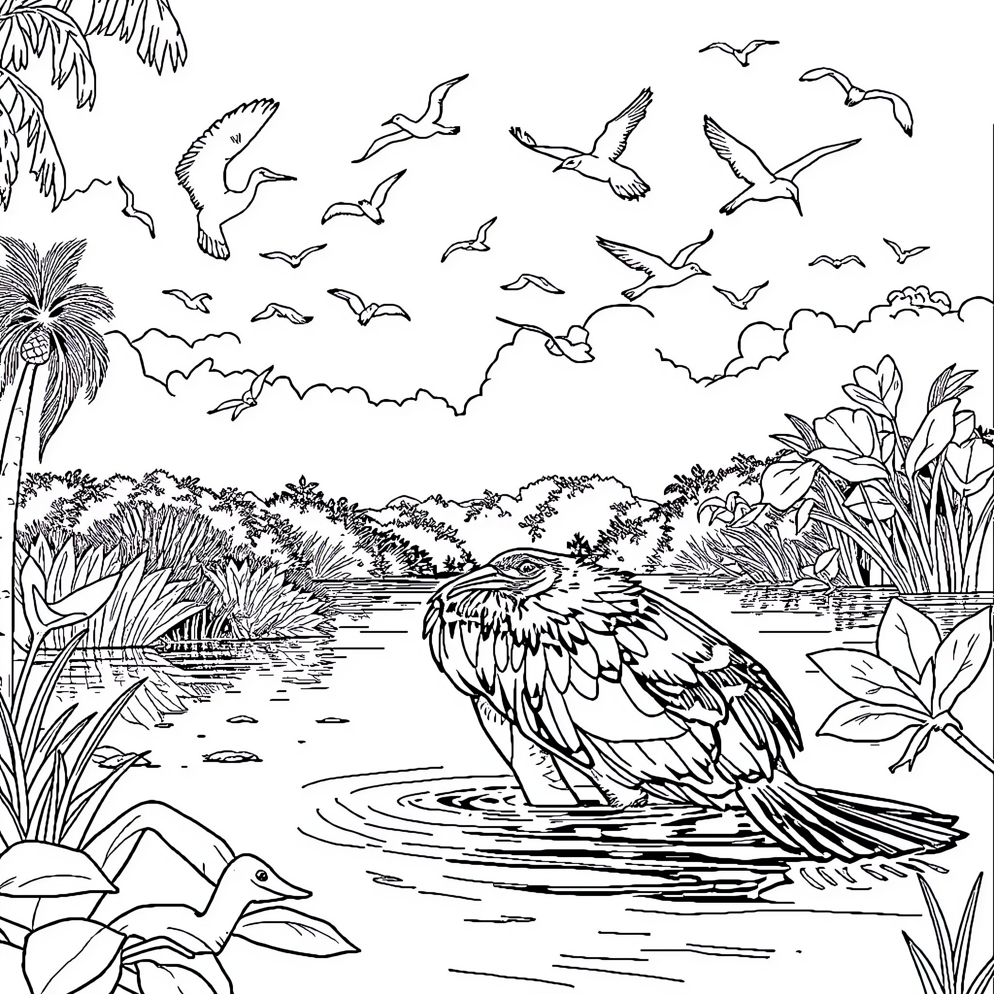 Jacaré bird soaring amidst a scenic tropical landscape Coloring Page (free black-and-white line drawing printable PDF for all, from beginners to advanced learners, including children, teens, adults, and seniors)