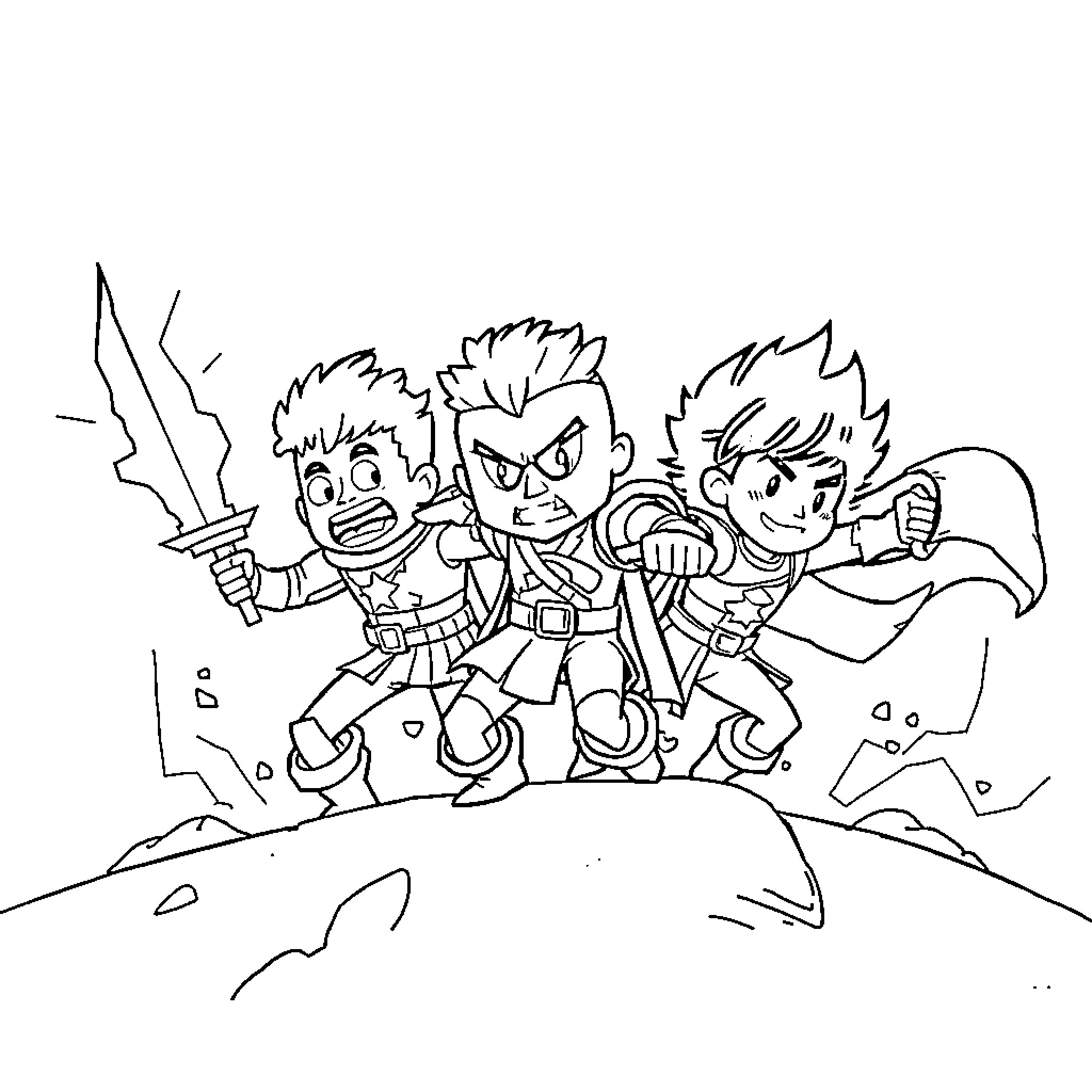 Warrior trio on a perilous journey Coloring Page (free black-and-white line drawing printable PDF for all, from beginners to advanced learners, including children, teens, adults, and seniors)