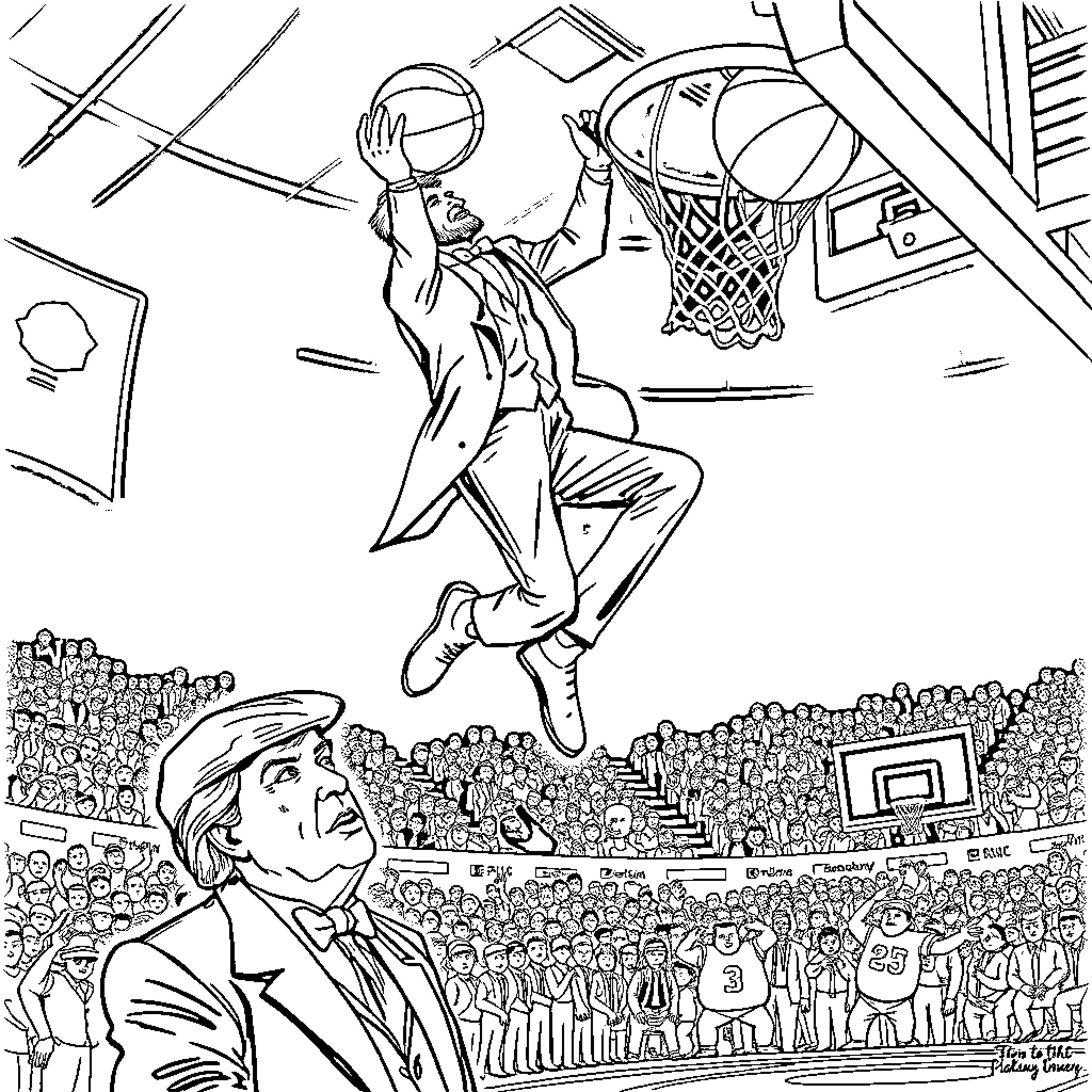 Abraham Lincoln Slam Dunking on a Basketball Court Coloring Page (free black-and-white line drawing printable PDF for all, from beginners to advanced learners, including children, teens, adults, and seniors)