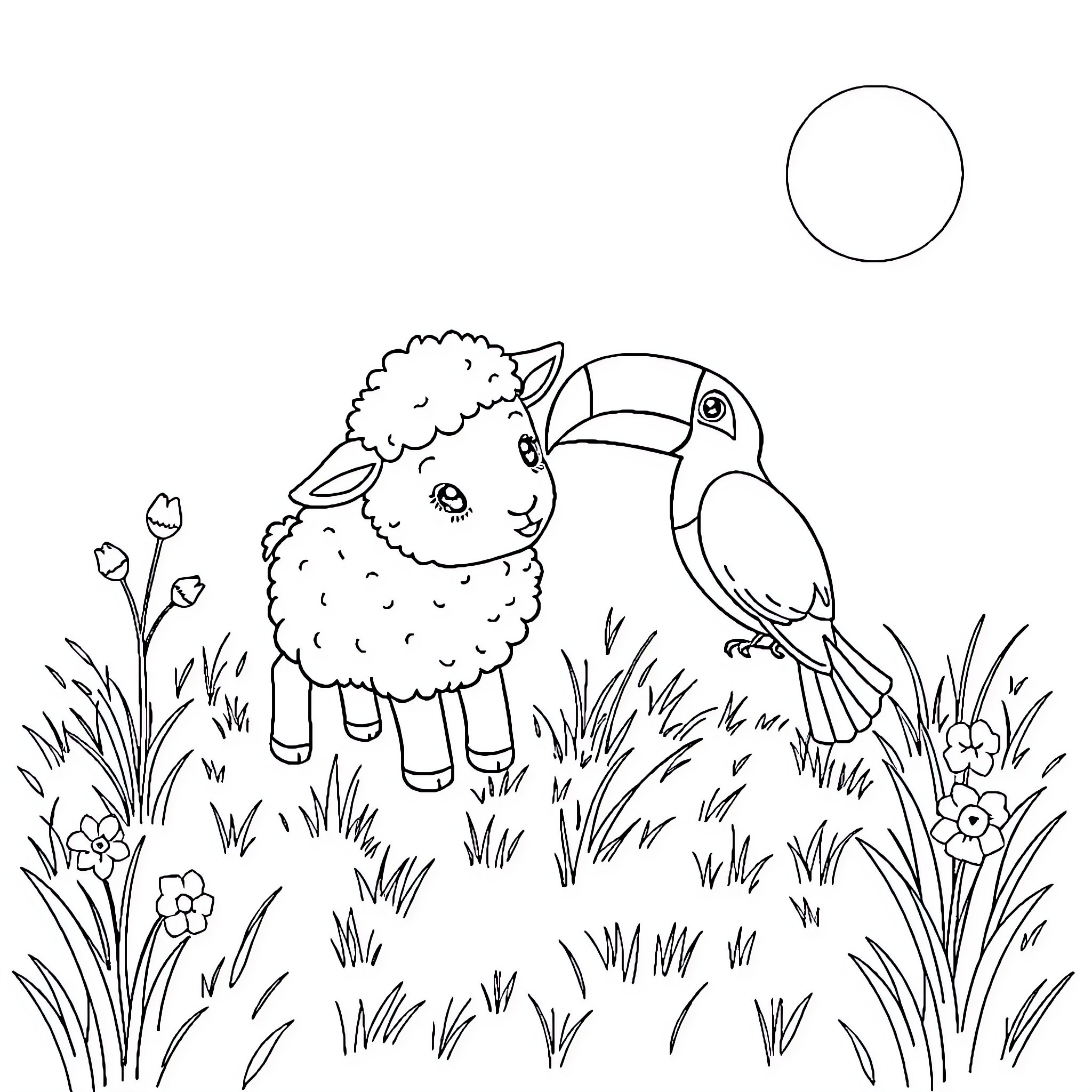 Lamb and Toucan in Floral Meadow Coloring Page (free black-and-white line drawing printable PDF for all, from beginners to advanced learners, including children, teens, adults, and seniors)