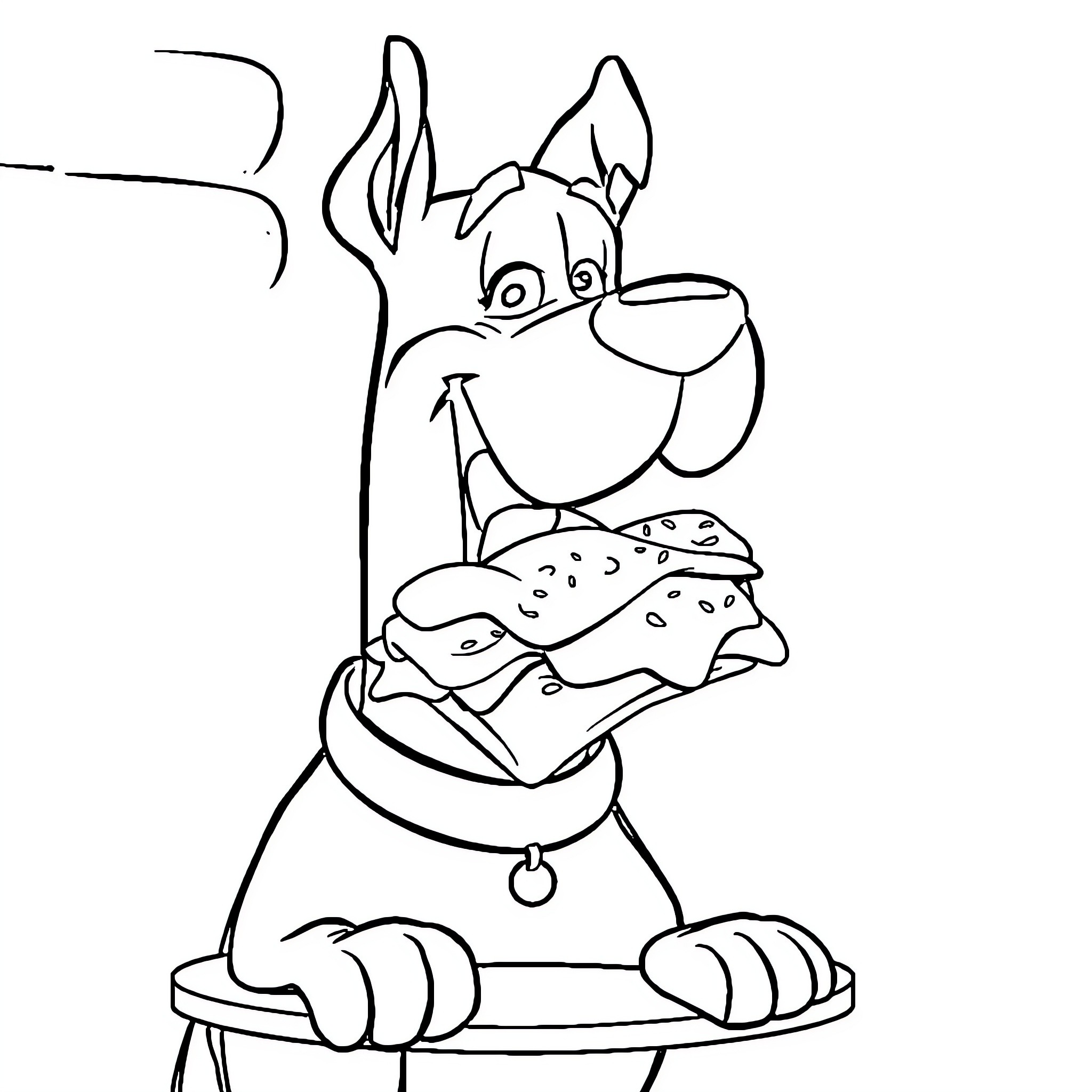 Scooby Doo enjoying a tasty sandwich Coloring Page (free black-and-white line drawing printable PDF for all, from beginners to advanced learners, including children, teens, adults, and seniors)