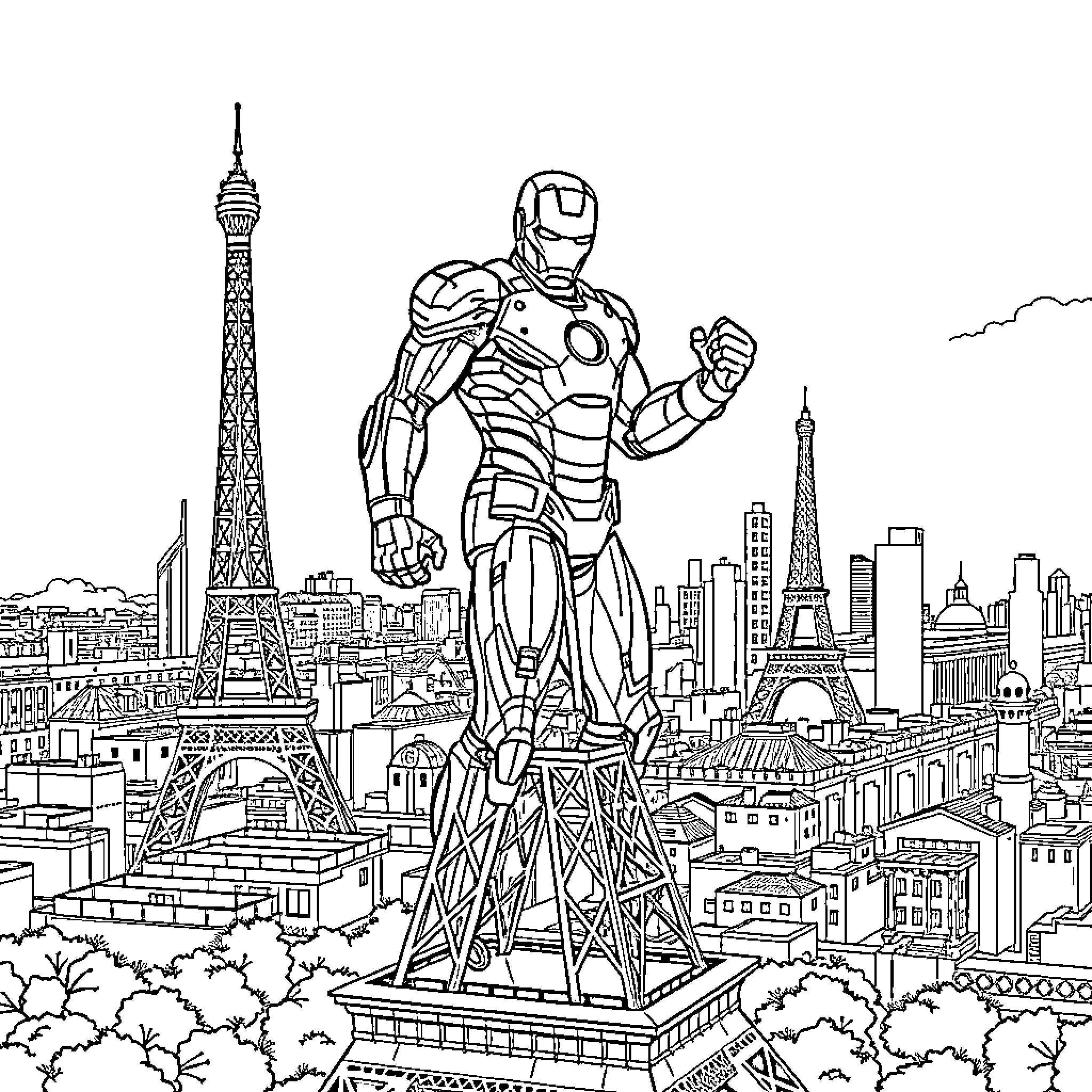 Ironman standing tall amidst iconic landmarks Coloring Page (free black-and-white line drawing printable PDF for all, from beginners to advanced learners, including children, teens, adults, and seniors)