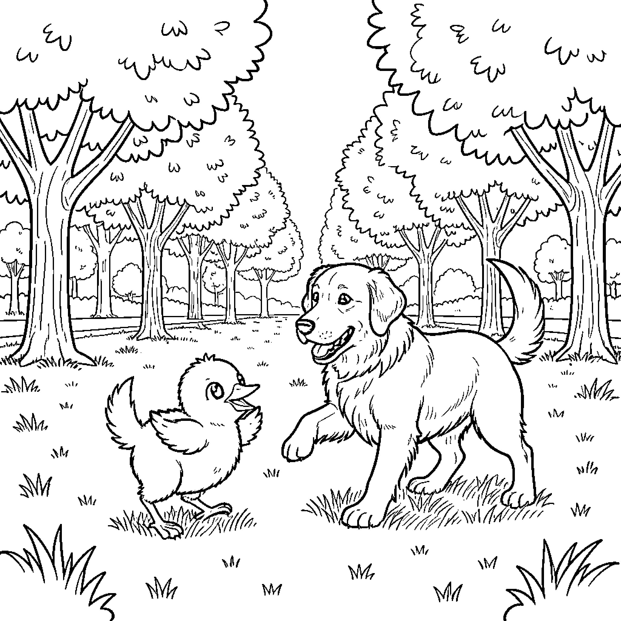 Pintinho and dog playing together in the forest Coloring Page (free black-and-white line drawing printable PDF for all, from beginners to advanced learners, including children, teens, adults, and seniors)