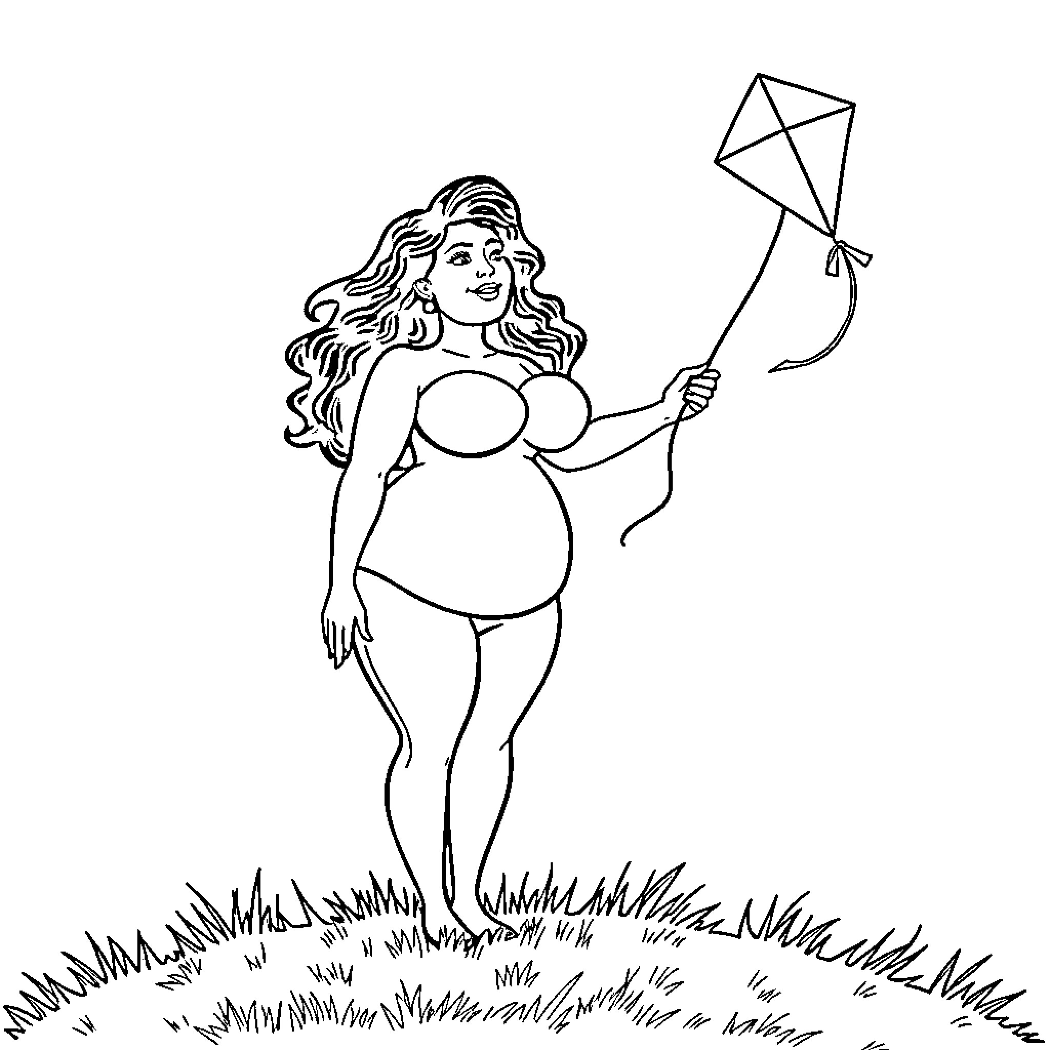 Woman enjoying outdoor activities with a kite Coloring Page (free black-and-white line drawing printable PDF for all, from beginners to advanced learners, including children, teens, adults, and seniors)