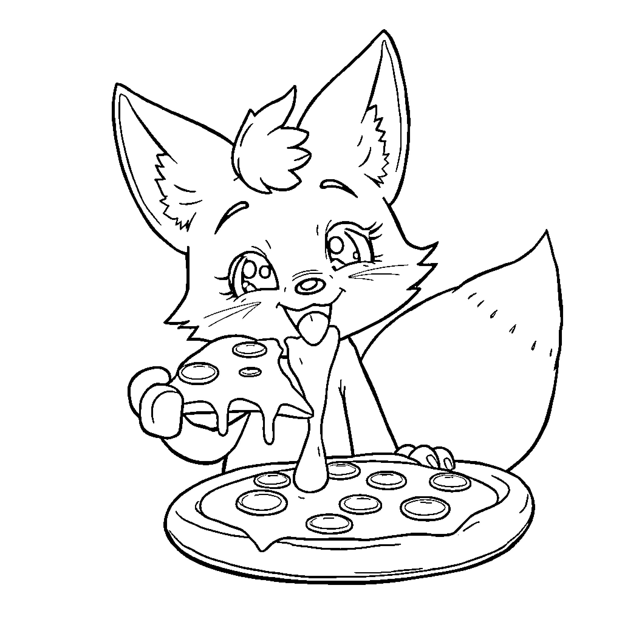Kimiko's Delightful Pizza Party Coloring Page (free black-and-white line drawing printable PDF for all, from beginners to advanced learners, including children, teens, adults, and seniors)