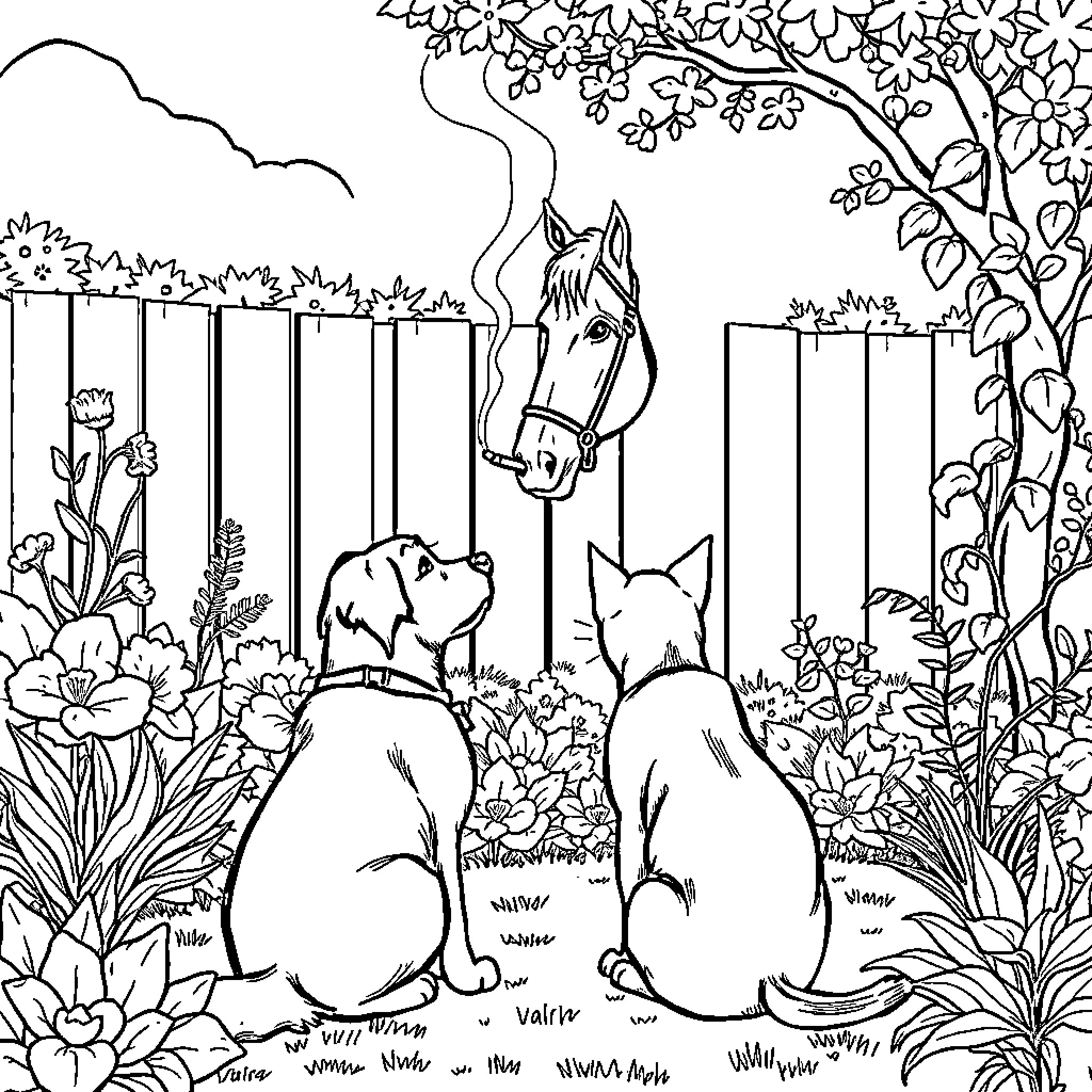 Dog and Cat Watching Horse in Garden Coloring Page (free black-and-white line drawing printable PDF for all, from beginners to advanced learners, including children, teens, adults, and seniors)