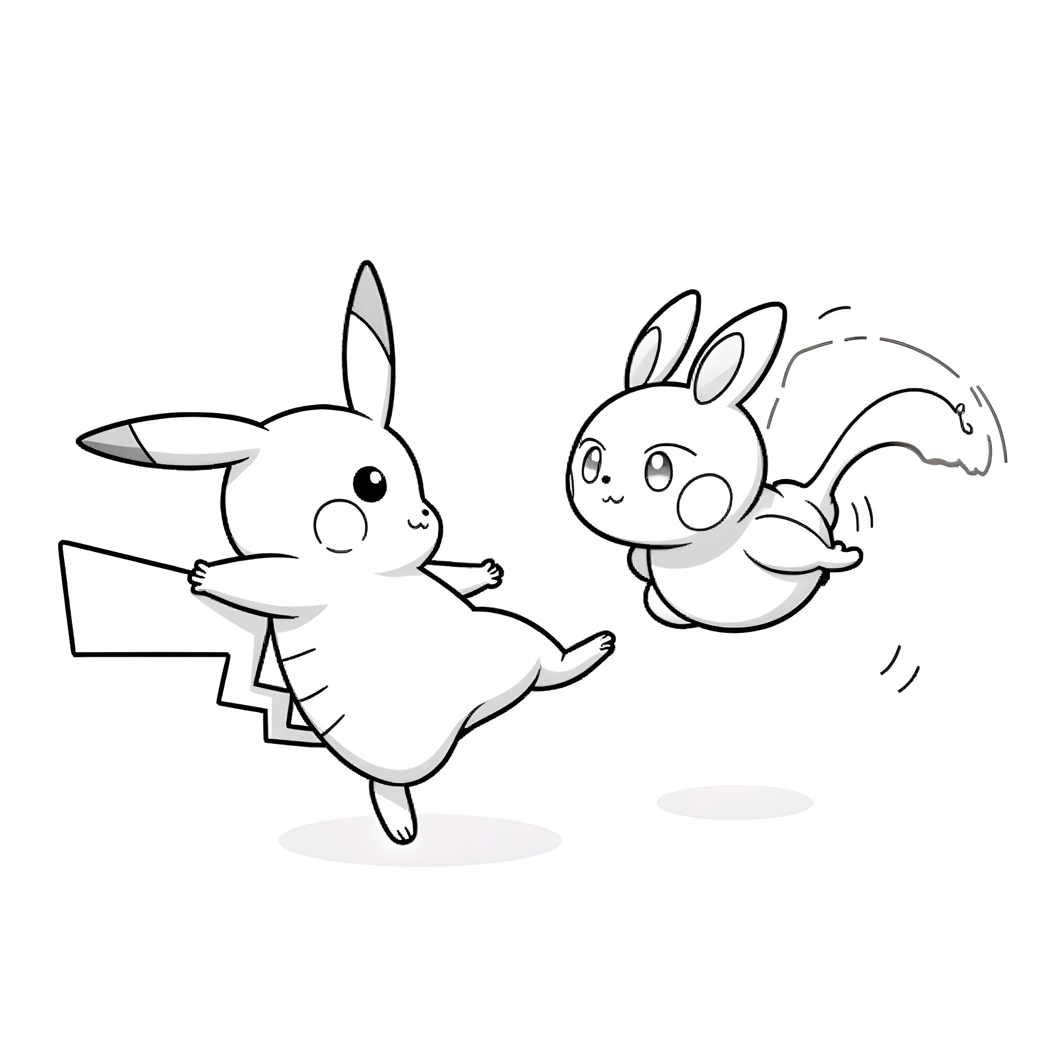 Pikachu and Bunny Rabbits Playing Together Coloring Page (free black-and-white line drawing printable PDF for all, from beginners to advanced learners, including children, teens, adults, and seniors)