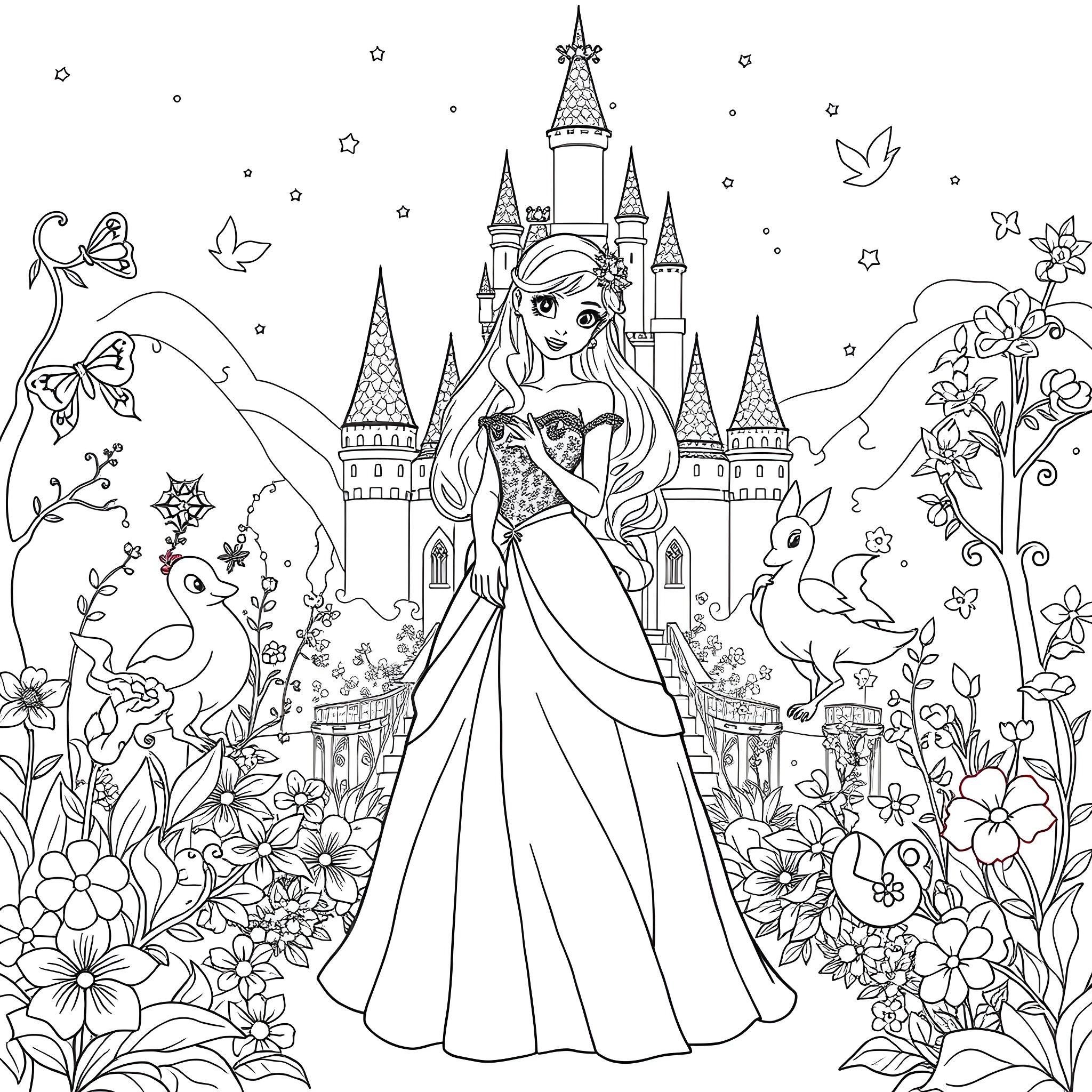 Sora's Enchanting Castle Adventure Coloring Page (free black-and-white line drawing printable PDF for all, from beginners to advanced learners, including children, teens, adults, and seniors)