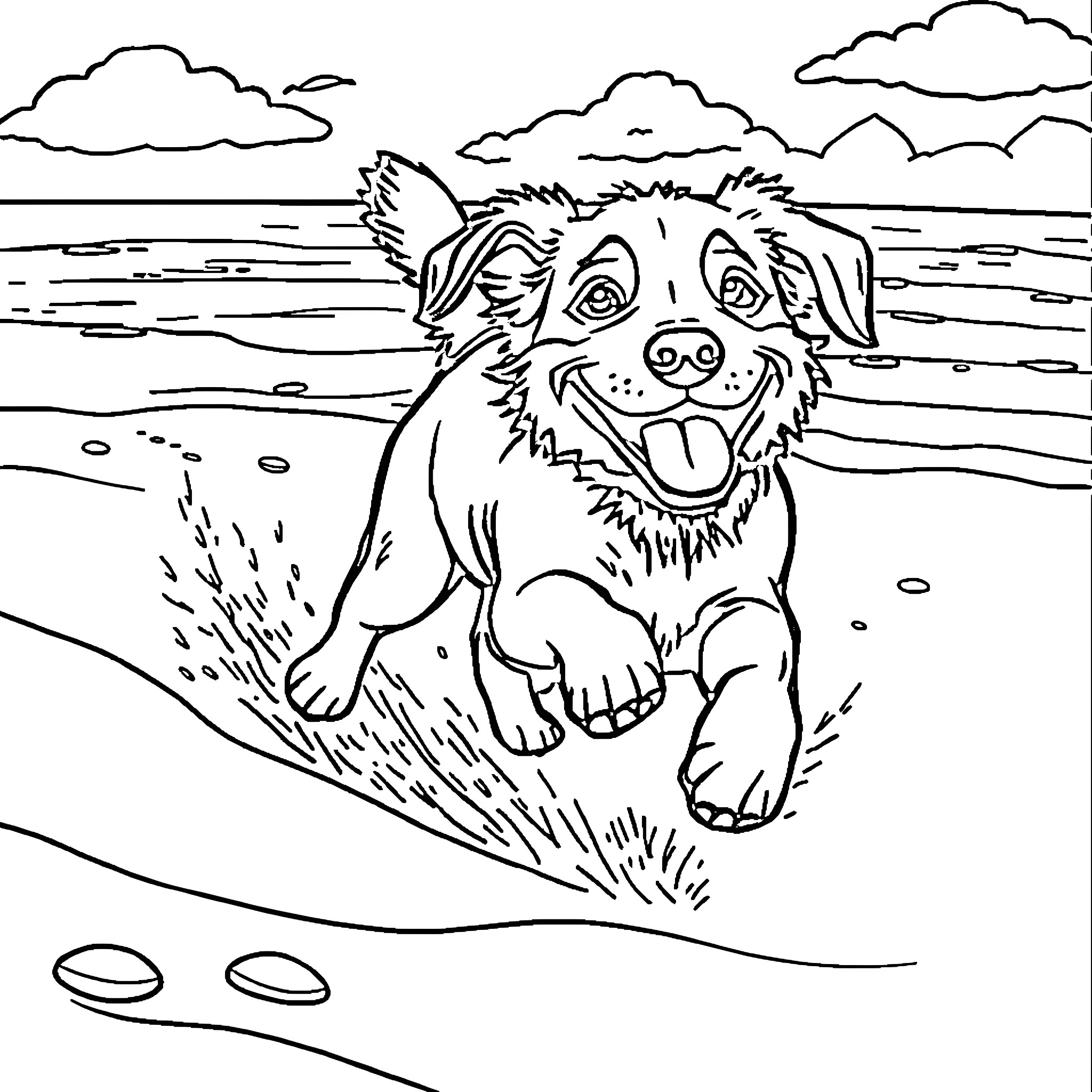 Dog playing happily on the beach Coloring Page (free black-and-white line drawing printable PDF for all, from beginners to advanced learners, including children, teens, adults, and seniors)