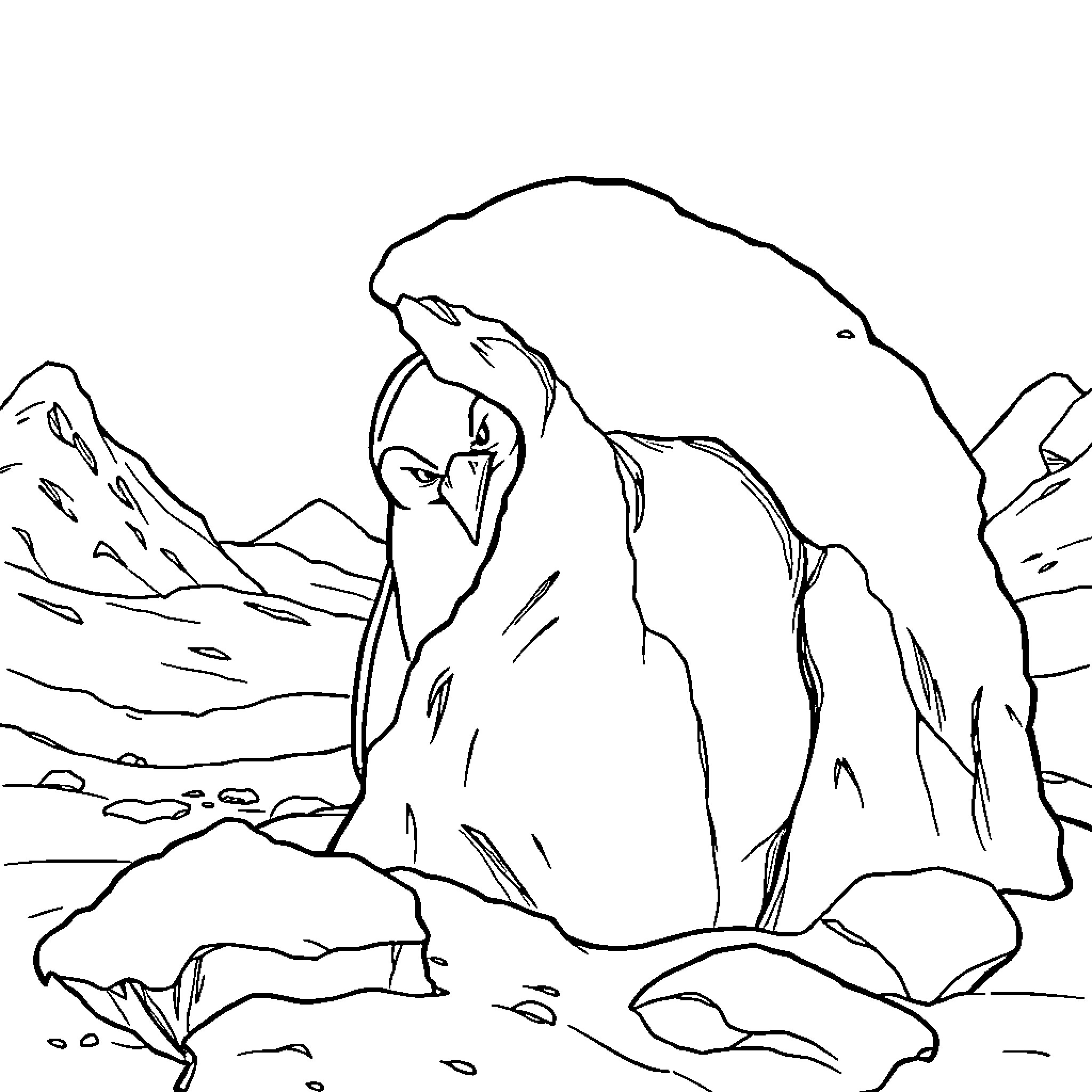Penguin standing tall in a snowy landscape Coloring Page (free black-and-white line drawing printable PDF for all, from beginners to advanced learners, including children, teens, adults, and seniors)