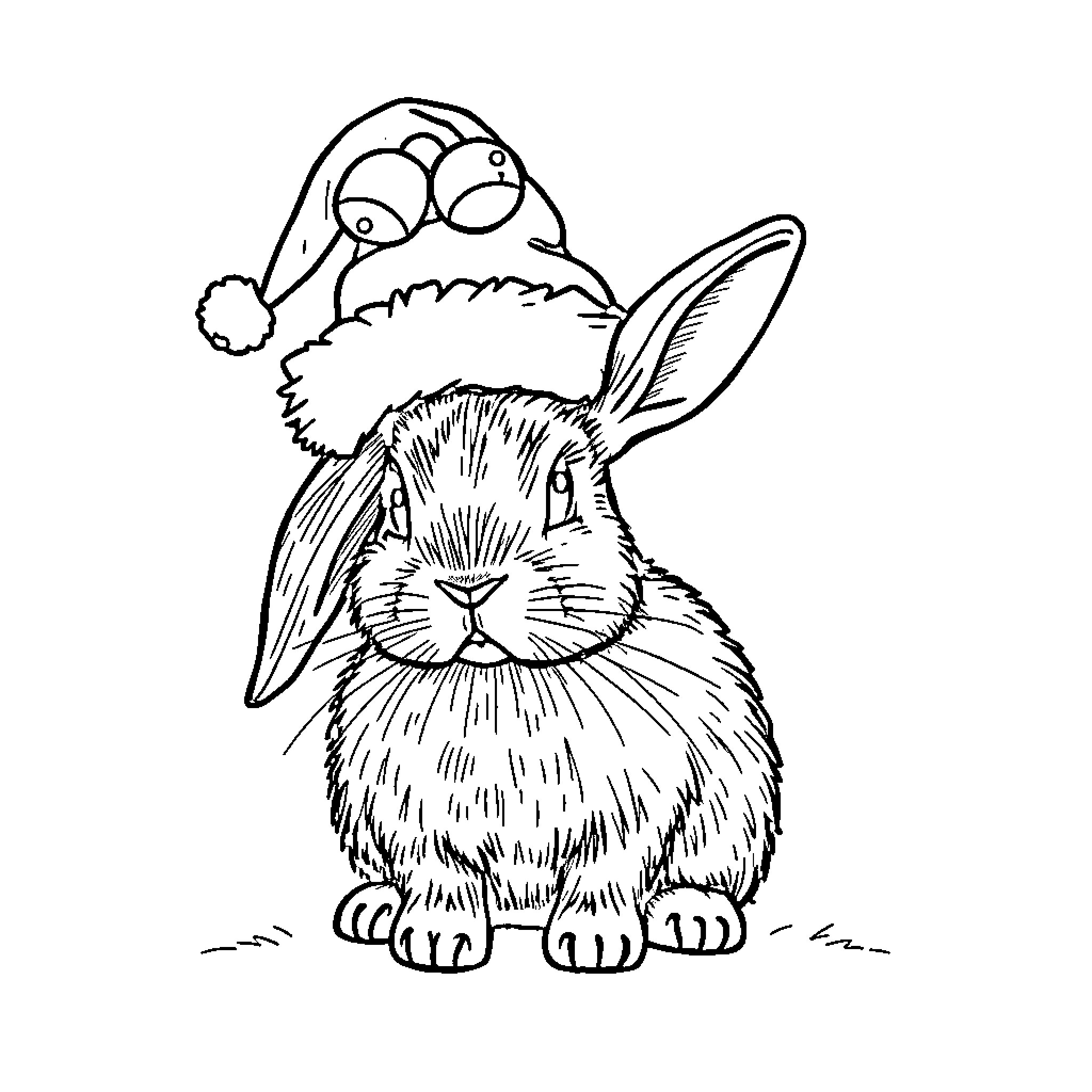 Rabbit in Santa hat looking curious Coloring Page (free black-and-white line drawing printable PDF for all, from beginners to advanced learners, including children, teens, adults, and seniors)