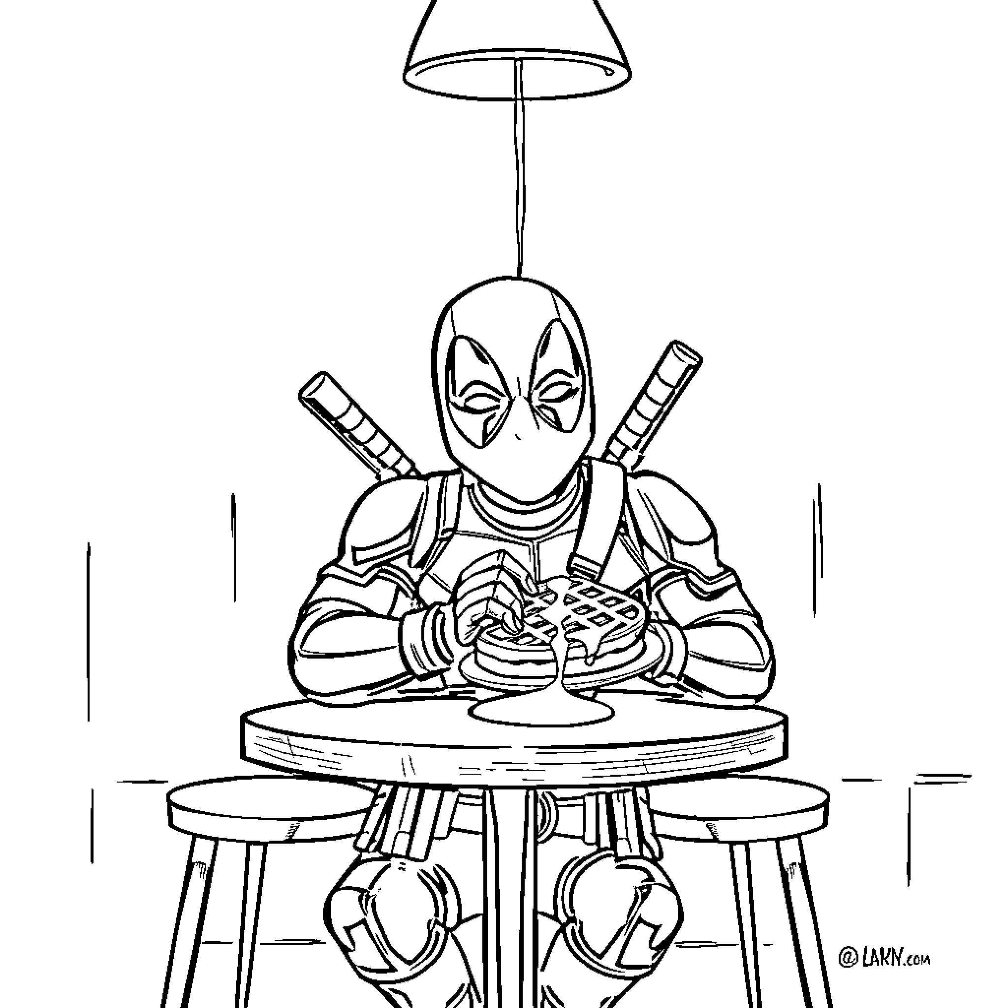 Deadpool enjoying a cozy meal under a lamplight Coloring Page (free black-and-white line drawing printable PDF for all, from beginners to advanced learners, including children, teens, adults, and seniors)