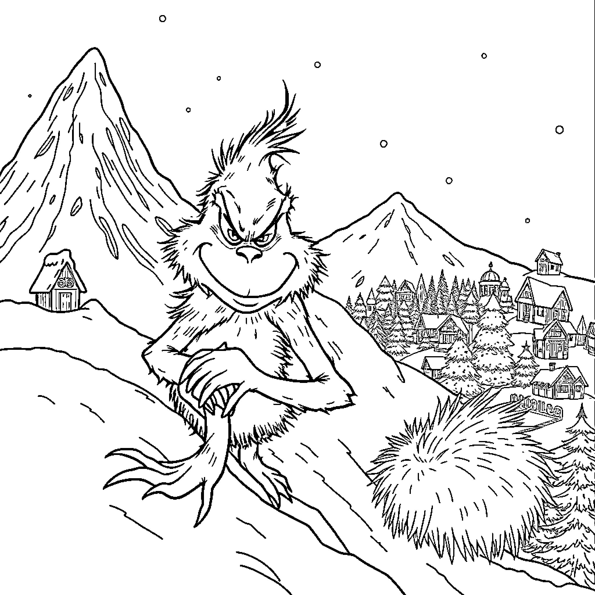 Grinch mischievously causing chaos in snowy town Coloring Page (free black-and-white line drawing printable PDF for all, from beginners to advanced learners, including children, teens, adults, and seniors)