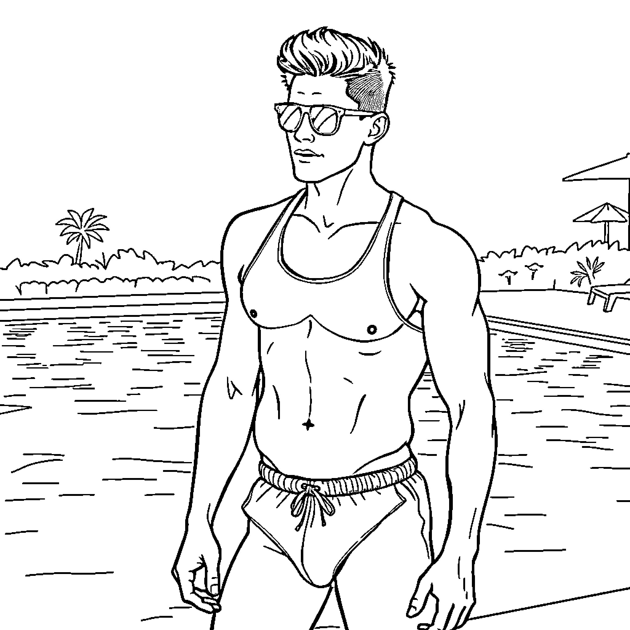 Man enjoying the sun at the beach Coloring Page (free black-and-white line drawing printable PDF for all, from beginners to advanced learners, including children, teens, adults, and seniors)