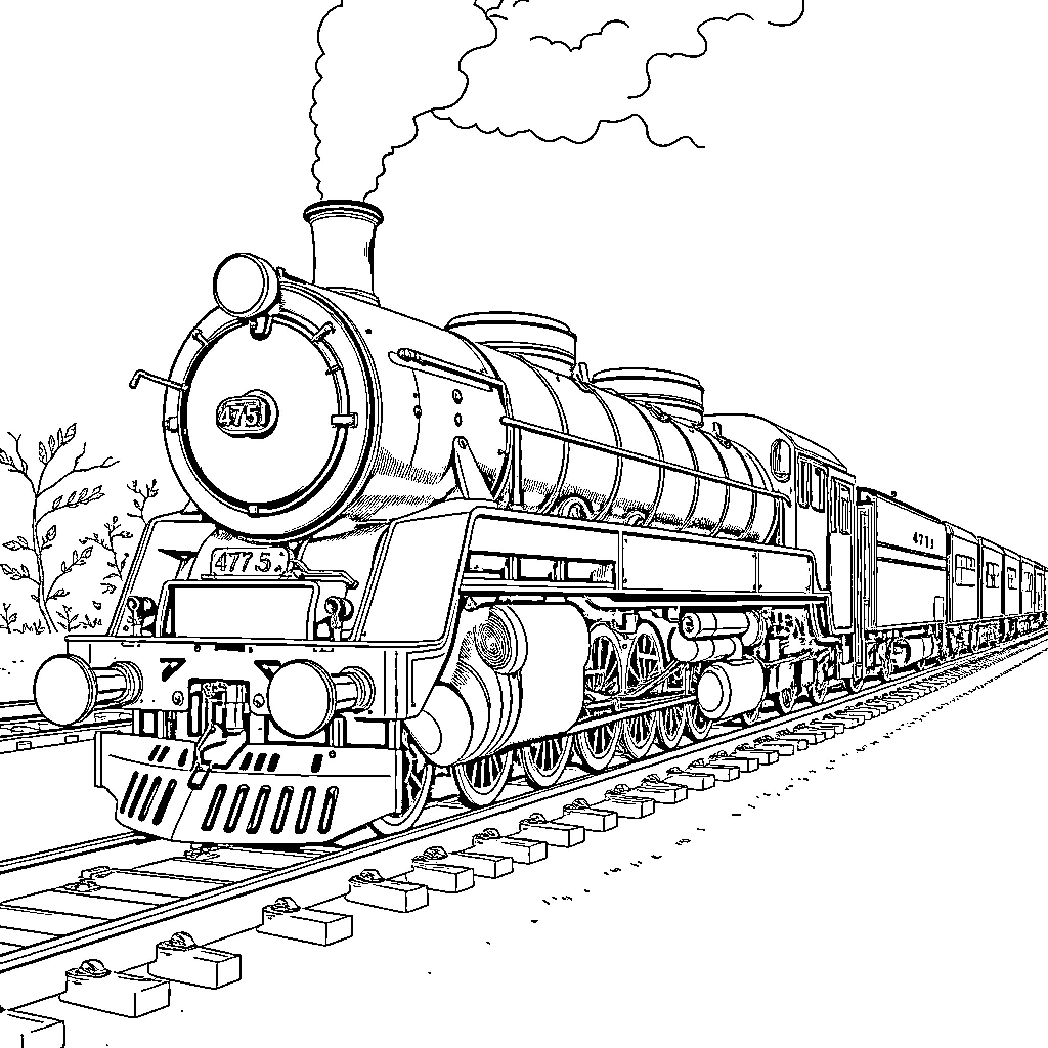 Locomotive pulling heavy cargo on rail tracks Coloring Page (free black-and-white line drawing printable PDF for all, from beginners to advanced learners, including children, teens, adults, and seniors)