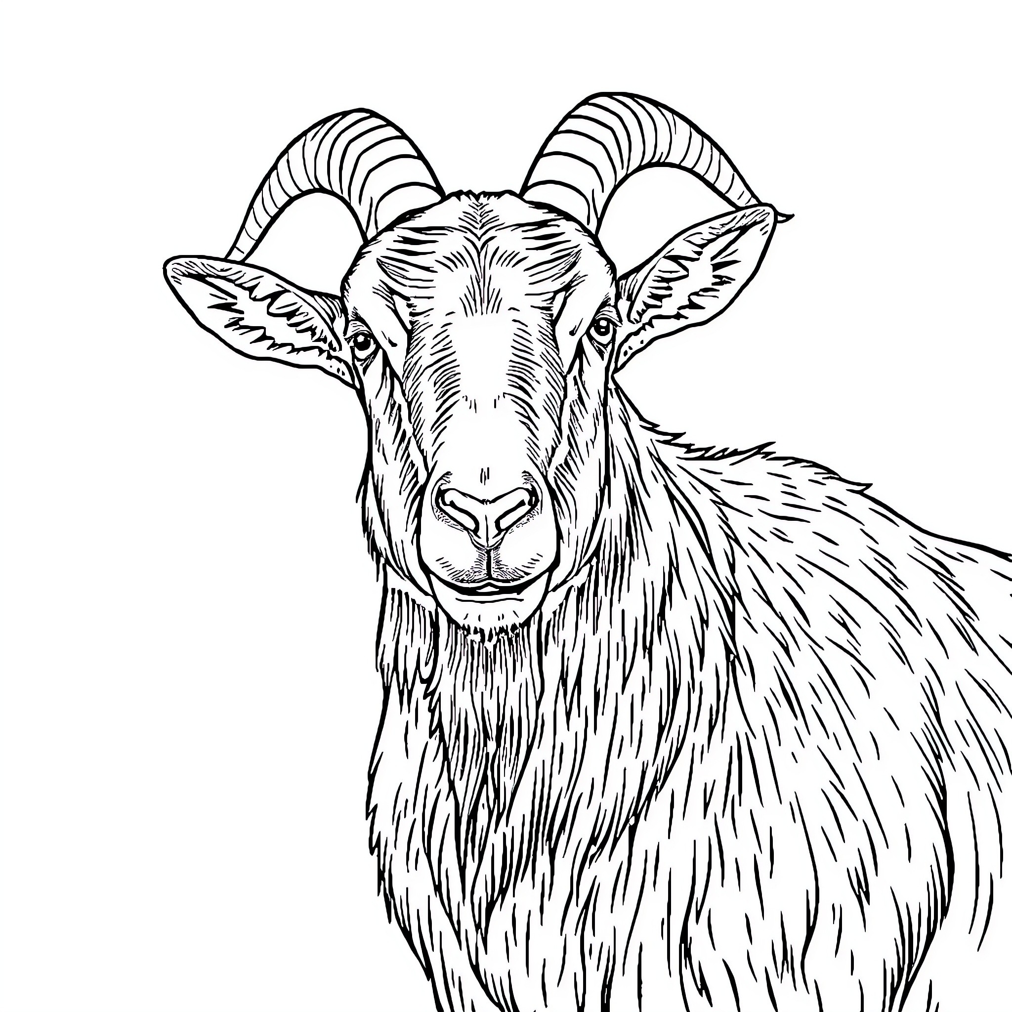 Goat with majestic horns and expressive features Coloring Page (free black-and-white line drawing printable PDF for all, from beginners to advanced learners, including children, teens, adults, and seniors)