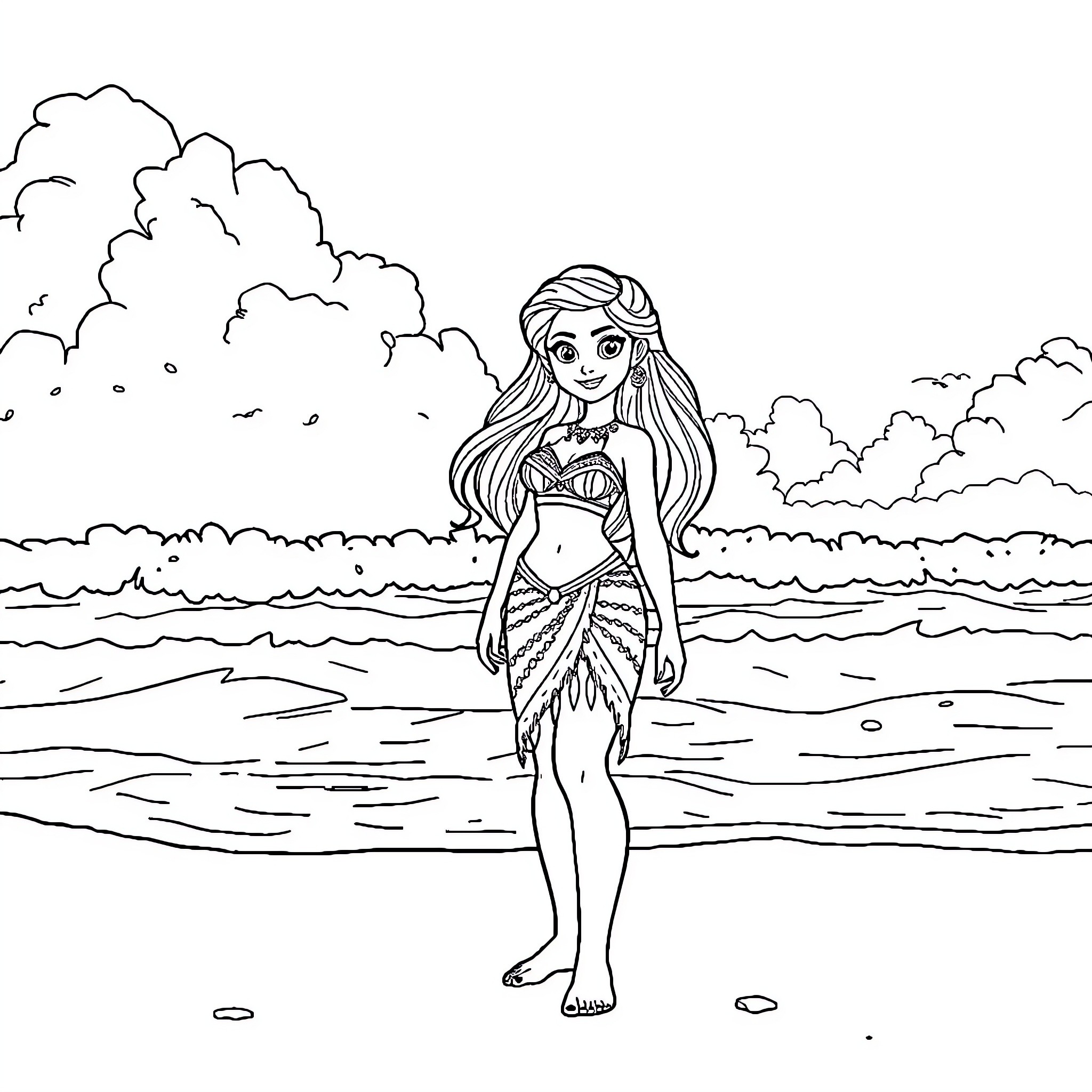 Vaiana enjoying the beach and ocean scenery Coloring Page (free black-and-white line drawing printable PDF for all, from beginners to advanced learners, including children, teens, adults, and seniors)
