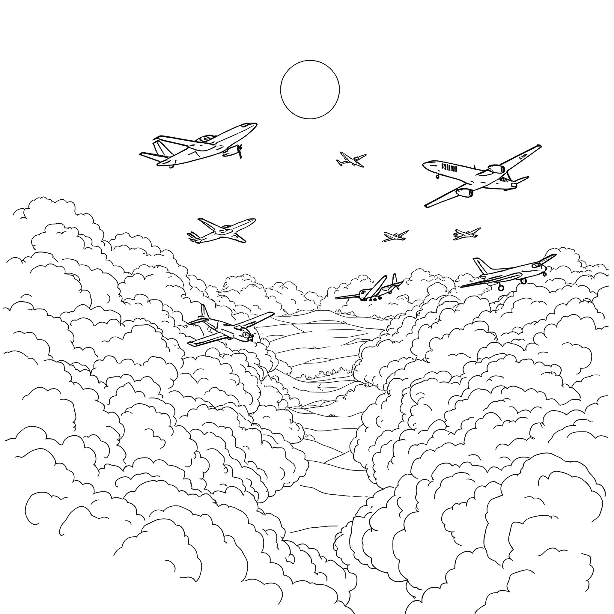 Plane fleet soaring through the cloudy skies Coloring Page (free black-and-white line drawing printable PDF for all, from beginners to advanced learners, including children, teens, adults, and seniors)