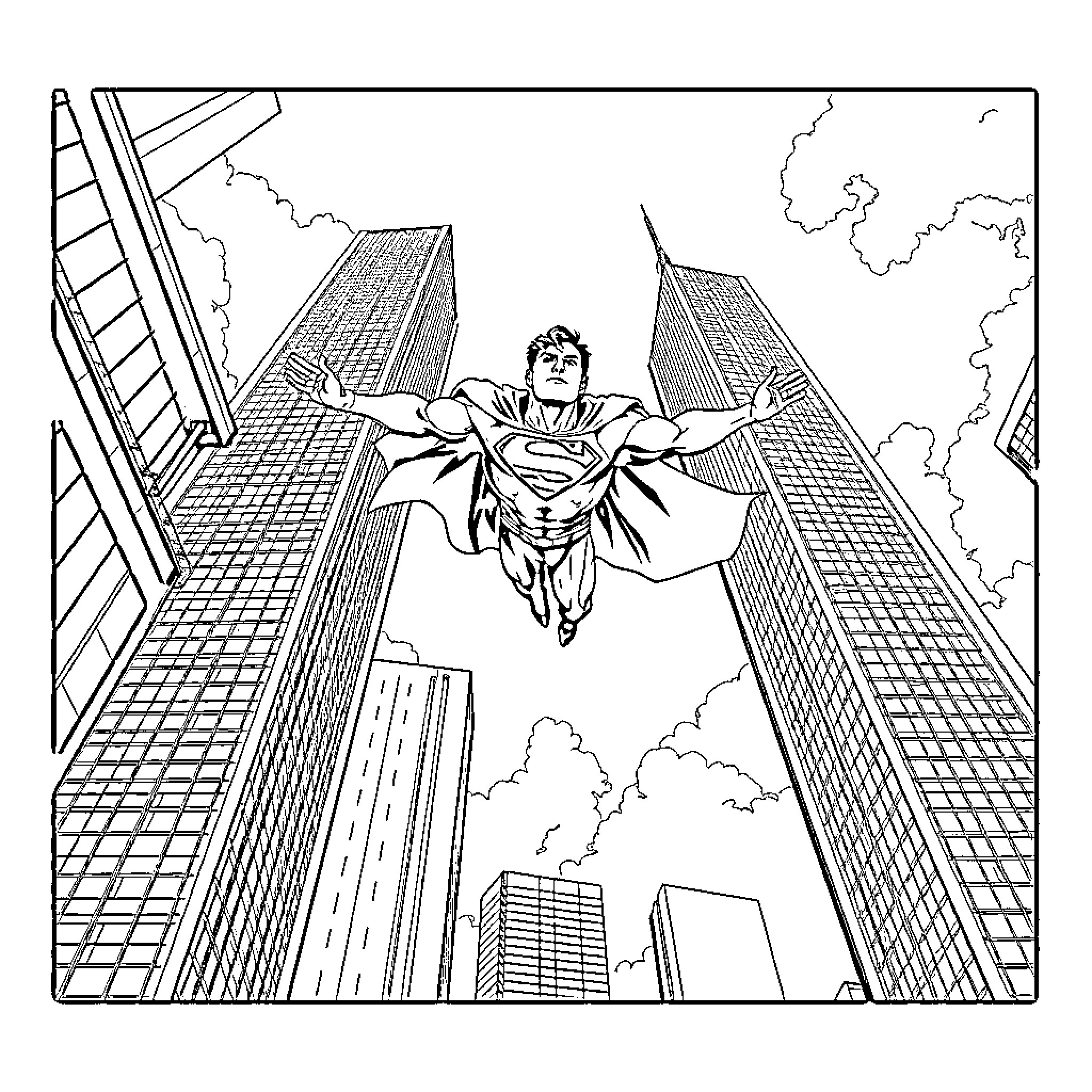 Superman soaring heroically over the city skyline Coloring Page (free black-and-white line drawing printable PDF for all, from beginners to advanced learners, including children, teens, adults, and seniors)