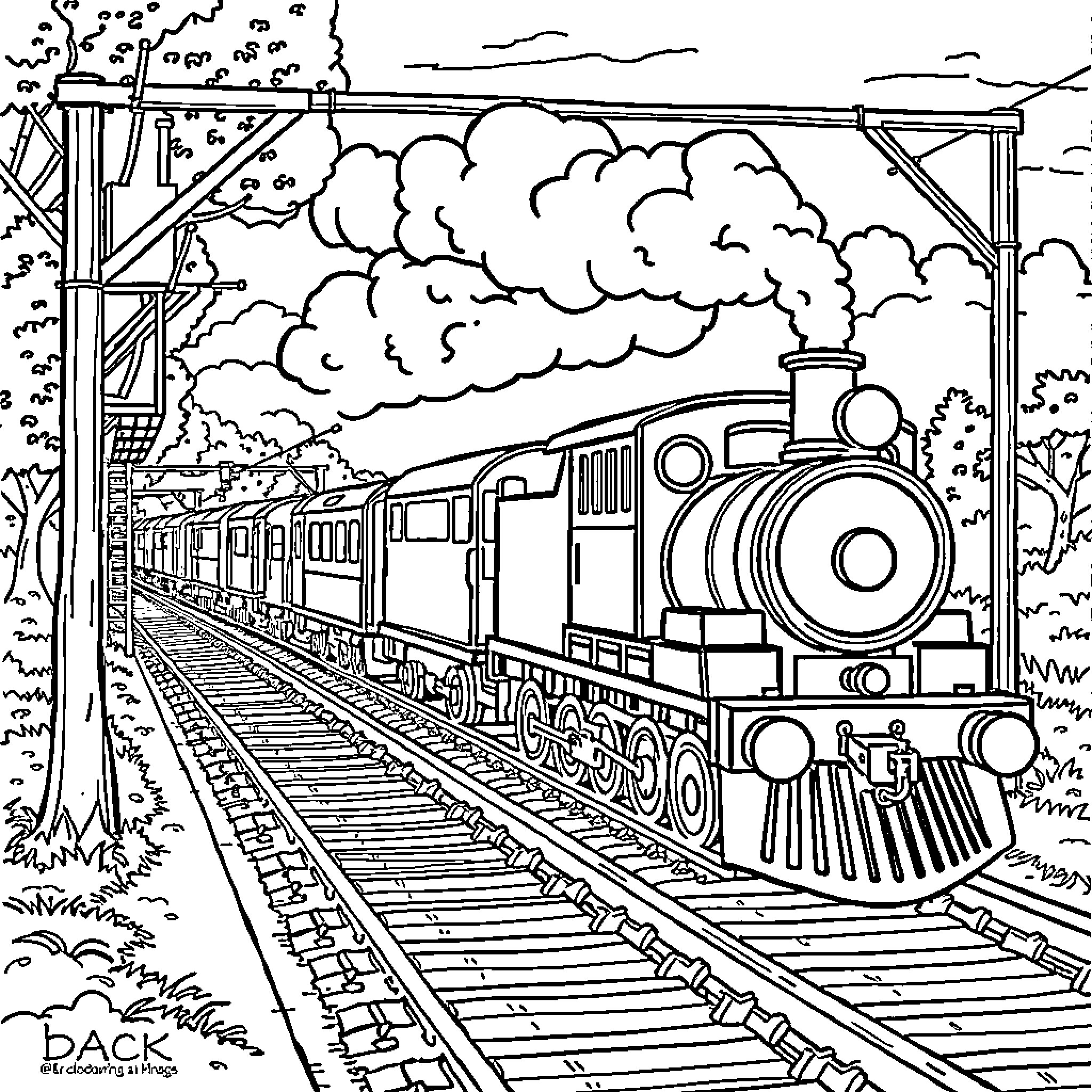 Train speeding through a scenic countryside Coloring Page (free black-and-white line drawing printable PDF for all, from beginners to advanced learners, including children, teens, adults, and seniors)