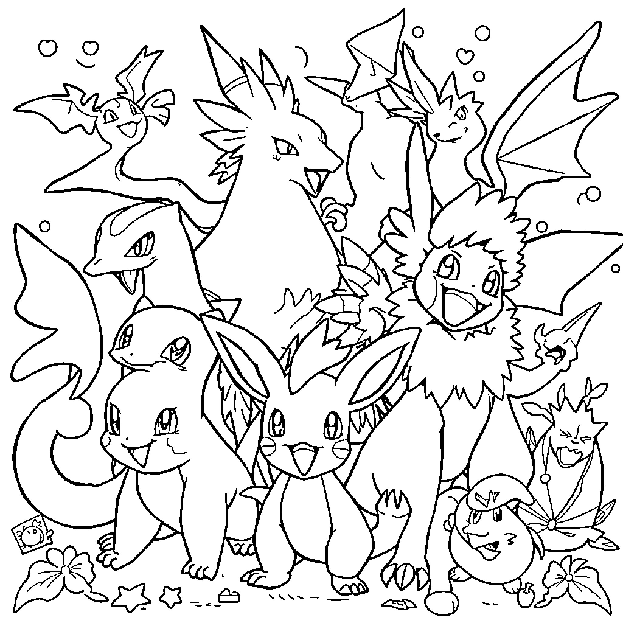 Pokémon friends enjoying a playful gathering Coloring Page (free black-and-white line drawing printable PDF for all, from beginners to advanced learners, including children, teens, adults, and seniors)