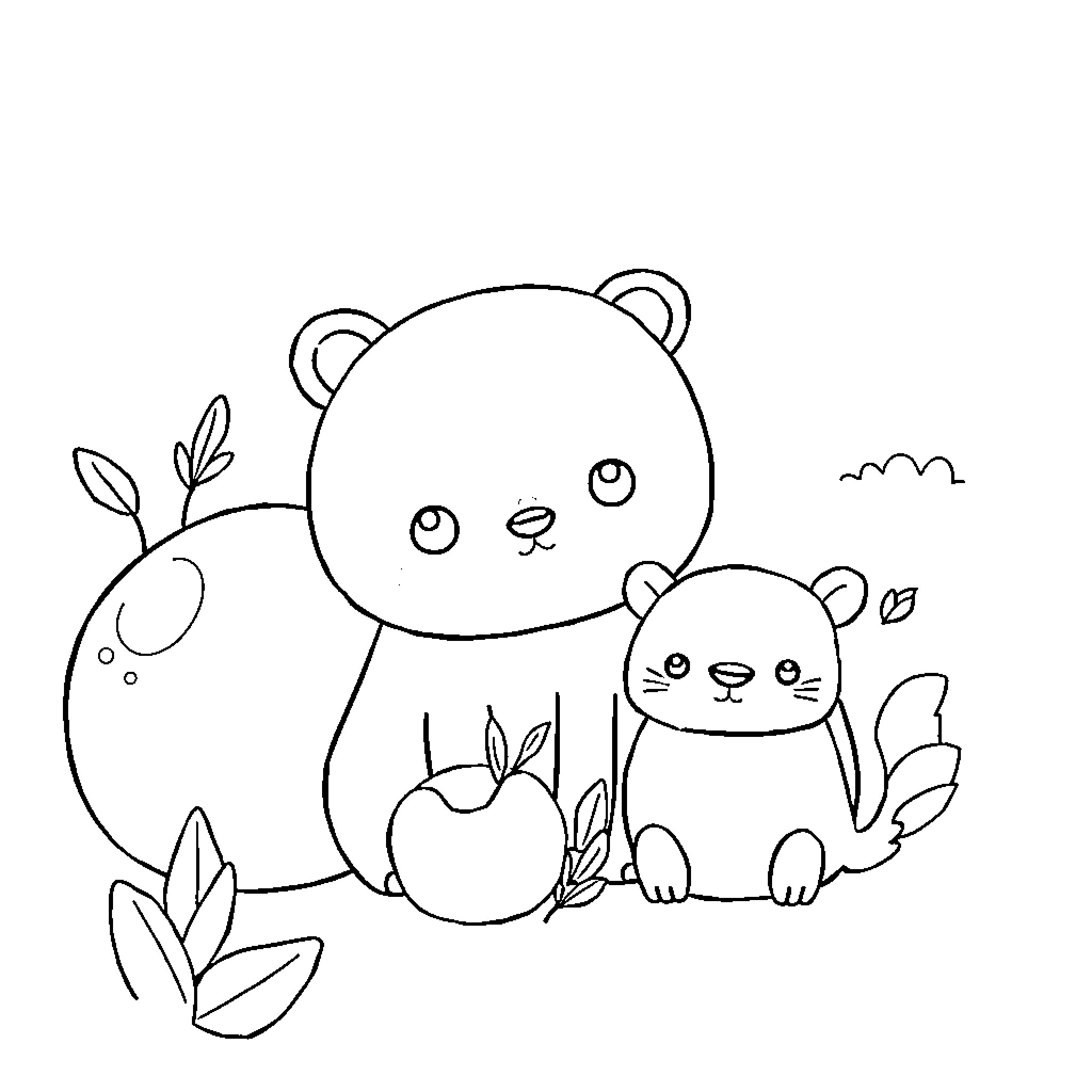 Kawaii animals in the forest Coloring Page (free black-and-white line drawing printable PDF for all, from beginners to advanced learners, including children, teens, adults, and seniors)