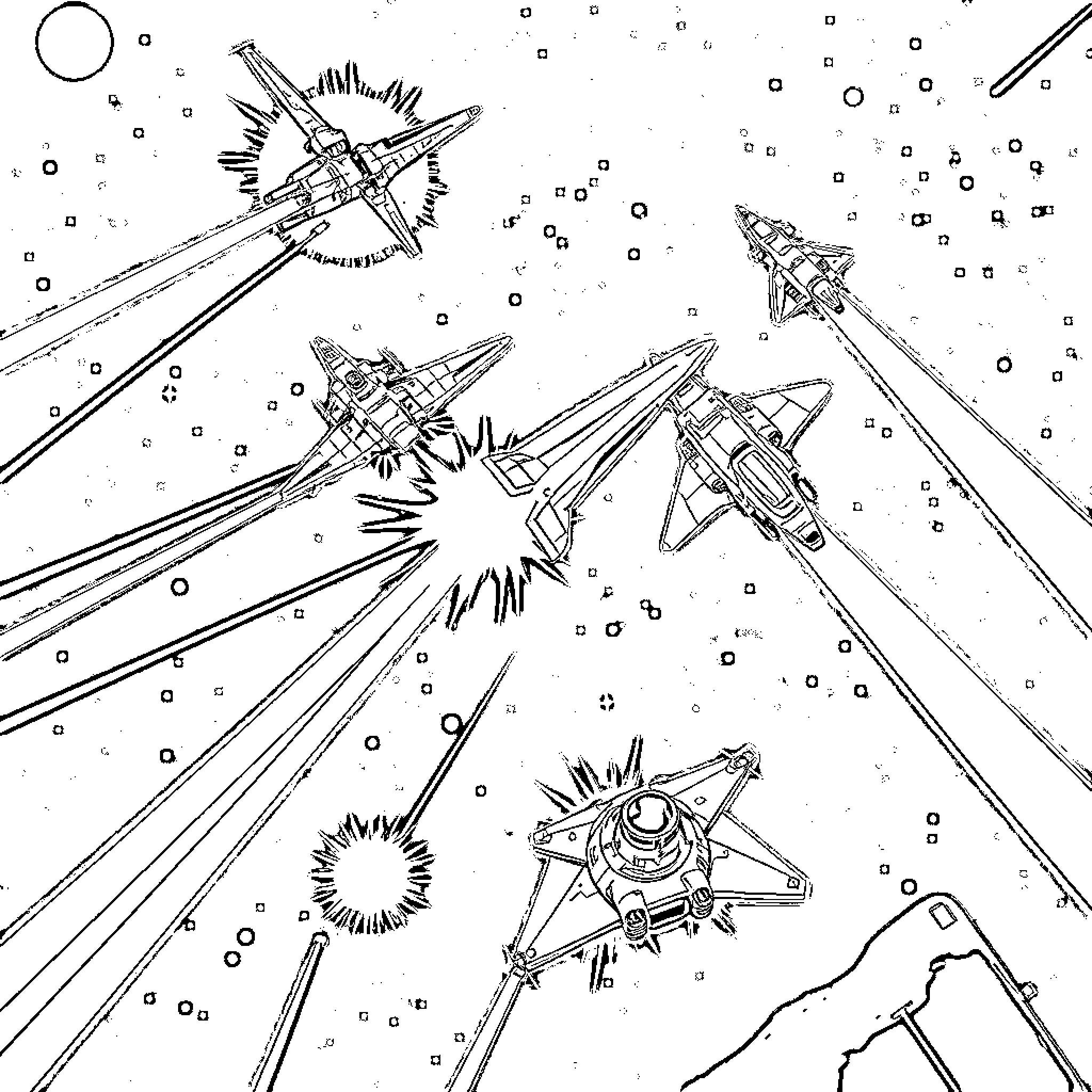 Spaceships battling in the cosmic void Coloring Page (free black-and-white line drawing printable PDF for all, from beginners to advanced learners, including children, teens, adults, and seniors)