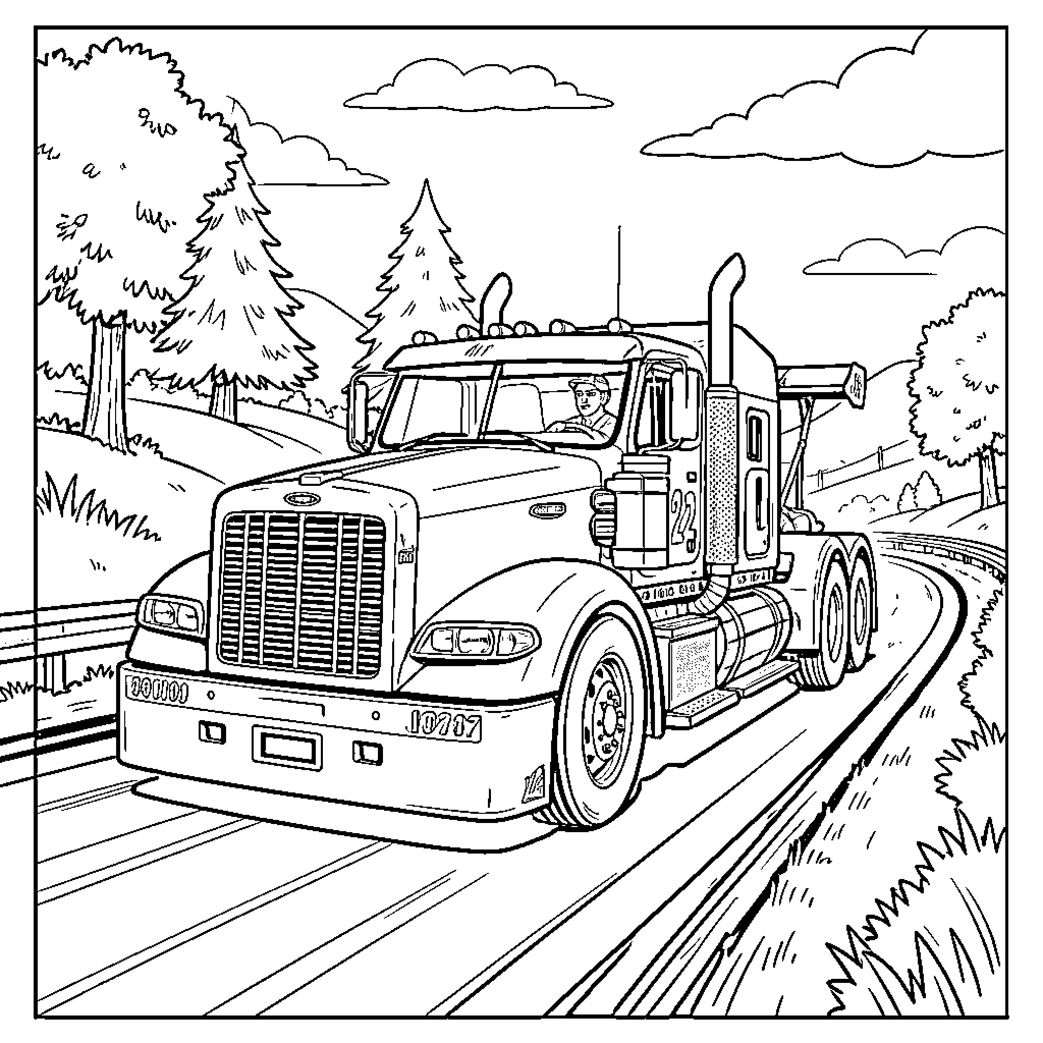 Martin operating a large truck on a winding road through the forest Coloring Page (free black-and-white line drawing printable PDF for all, from beginners to advanced learners, including children, teens, adults, and seniors)
