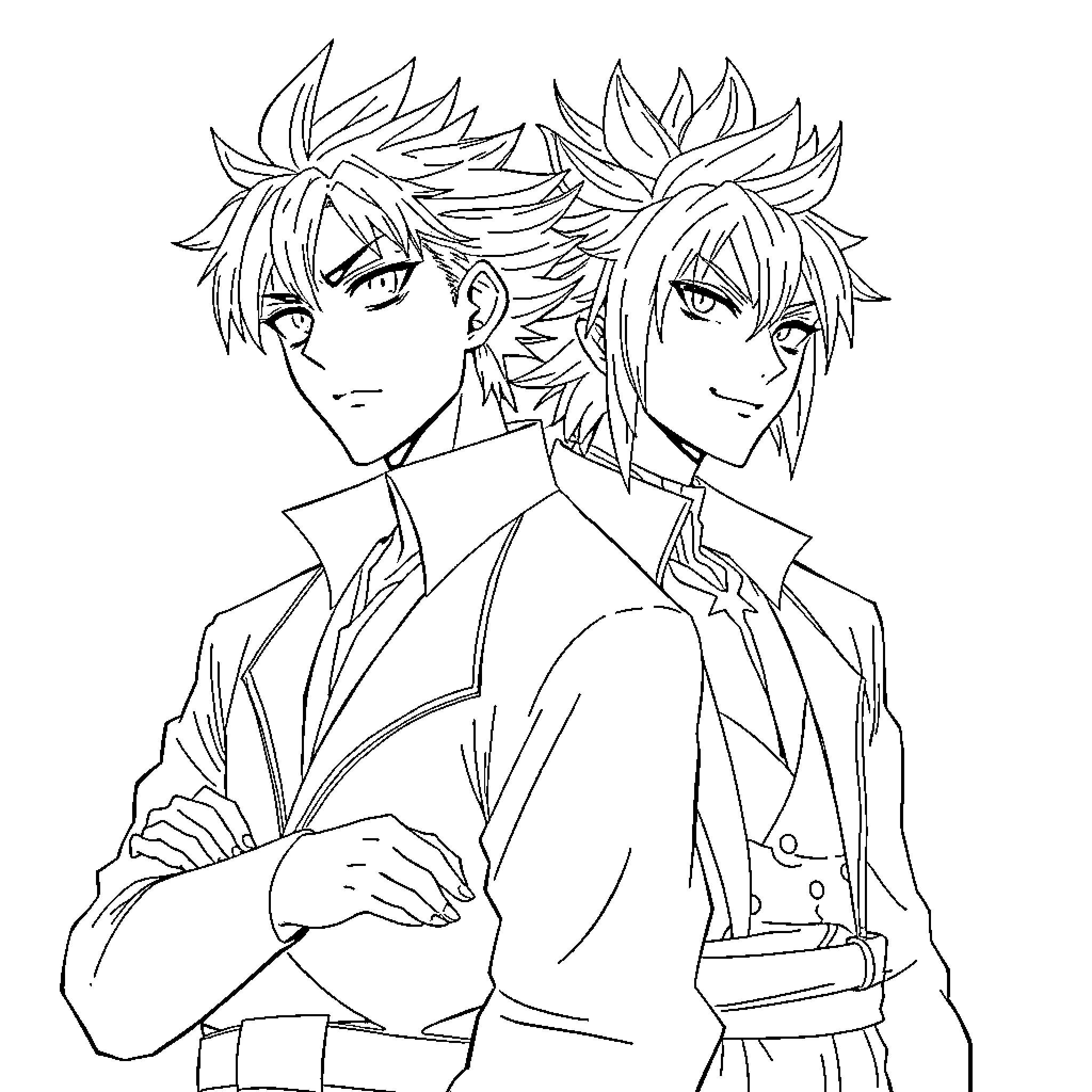 Kiyotaka Ayanokoji - Two Anime Characters in Formal Attire Coloring Page (free black-and-white line drawing printable PDF for all, from beginners to advanced learners, including children, teens, adults, and seniors)