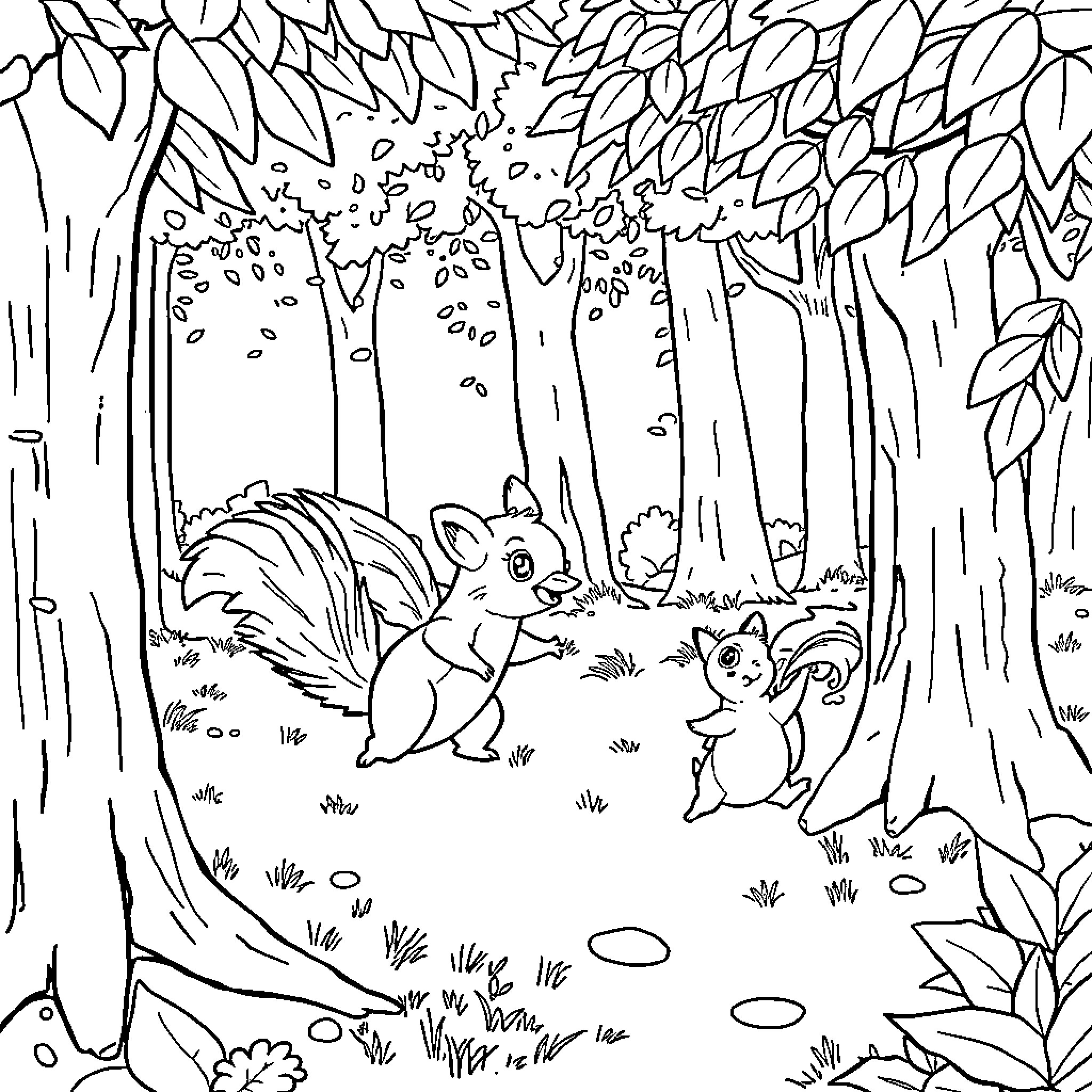Squirrels playing in the forest Coloring Page (free black-and-white line drawing printable PDF for all, from beginners to advanced learners, including children, teens, adults, and seniors)