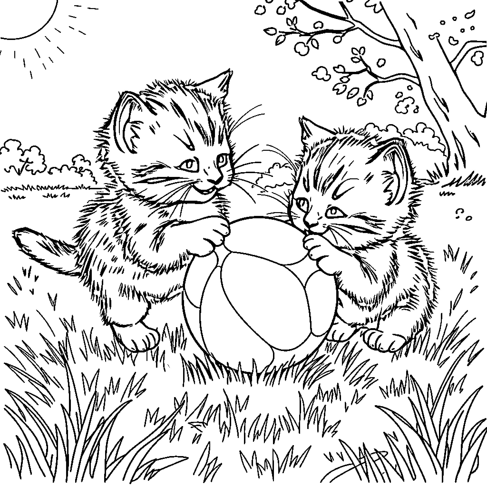 Kittens playing joyfully with ball in the park Coloring Page (free black-and-white line drawing printable PDF for all, from beginners to advanced learners, including children, teens, adults, and seniors)