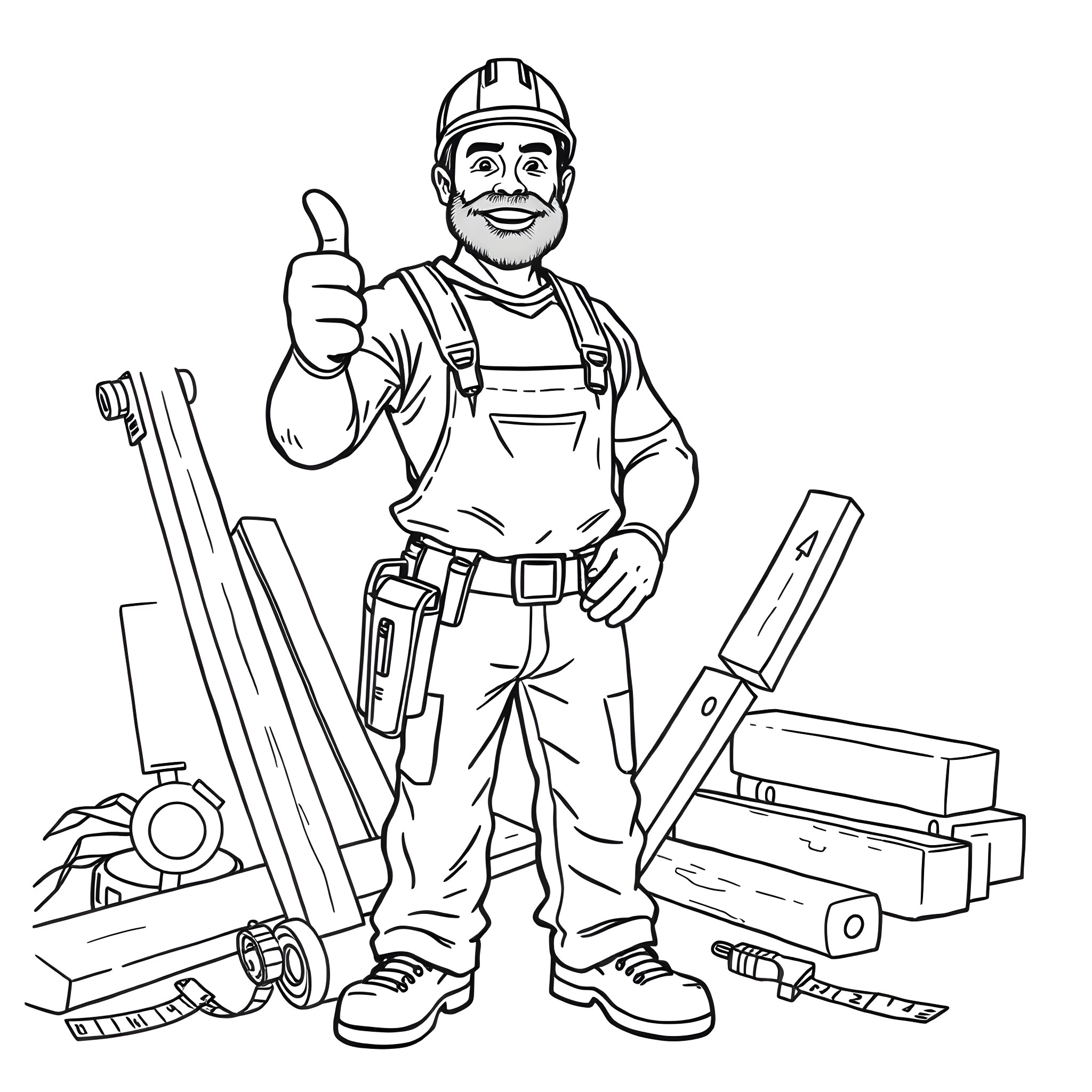 Carpenter with Tools Posing Happily Coloring Page (free black-and-white line drawing printable PDF for all, from beginners to advanced learners, including children, teens, adults, and seniors)