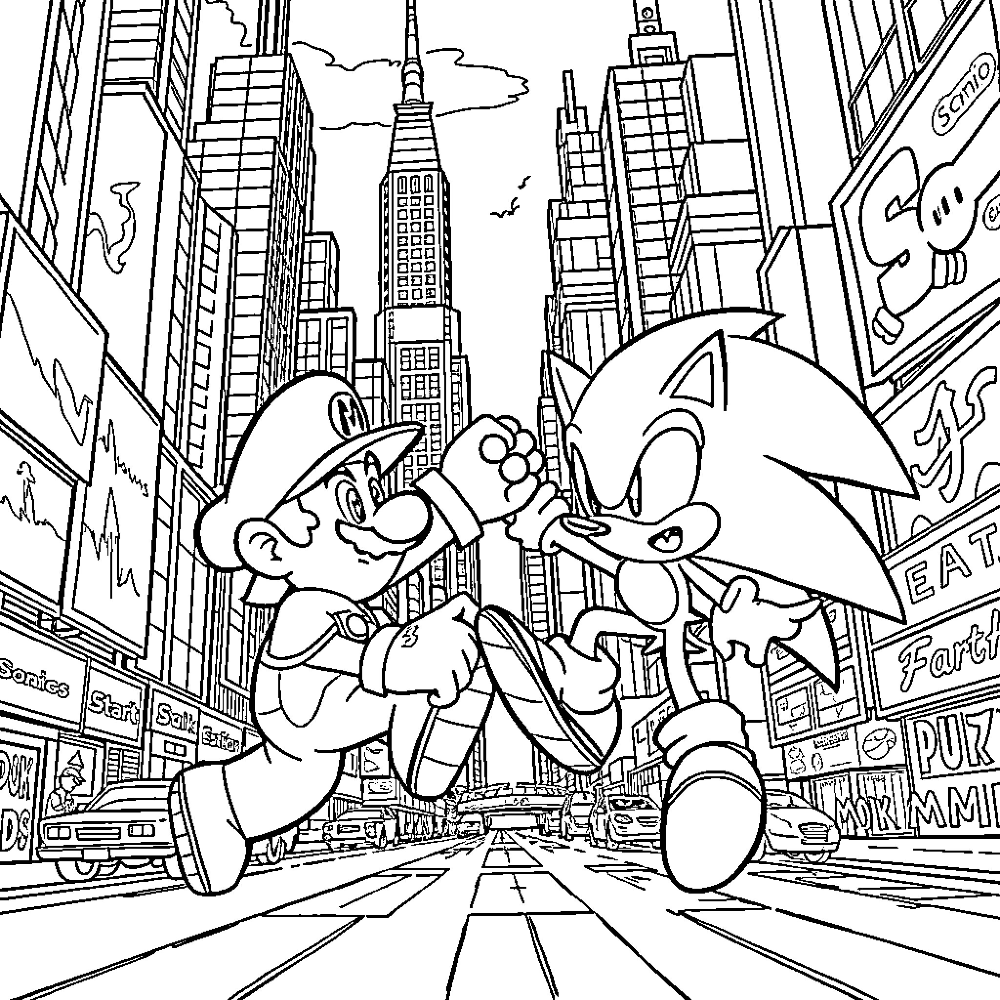 Super Mario and Sonic Explore the City Coloring Page (free black-and-white line drawing printable PDF for all, from beginners to advanced learners, including children, teens, adults, and seniors)