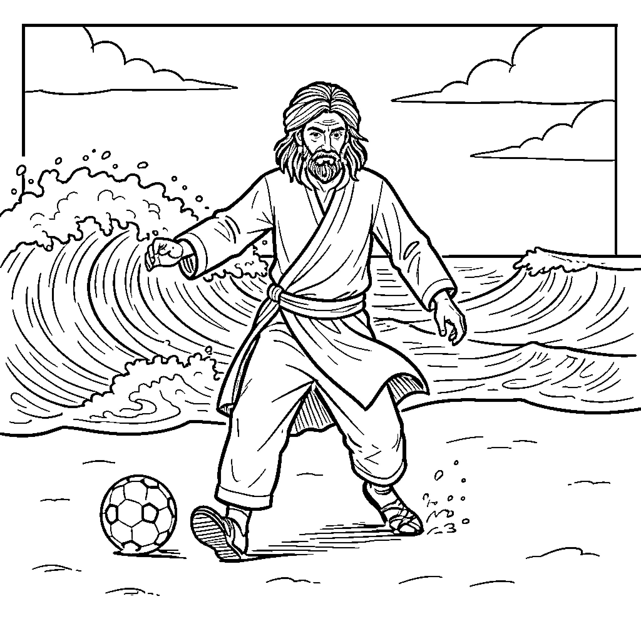 Rumi playing soccer on the beach near waves Coloring Page (free black-and-white line drawing printable PDF for all, from beginners to advanced learners, including children, teens, adults, and seniors)