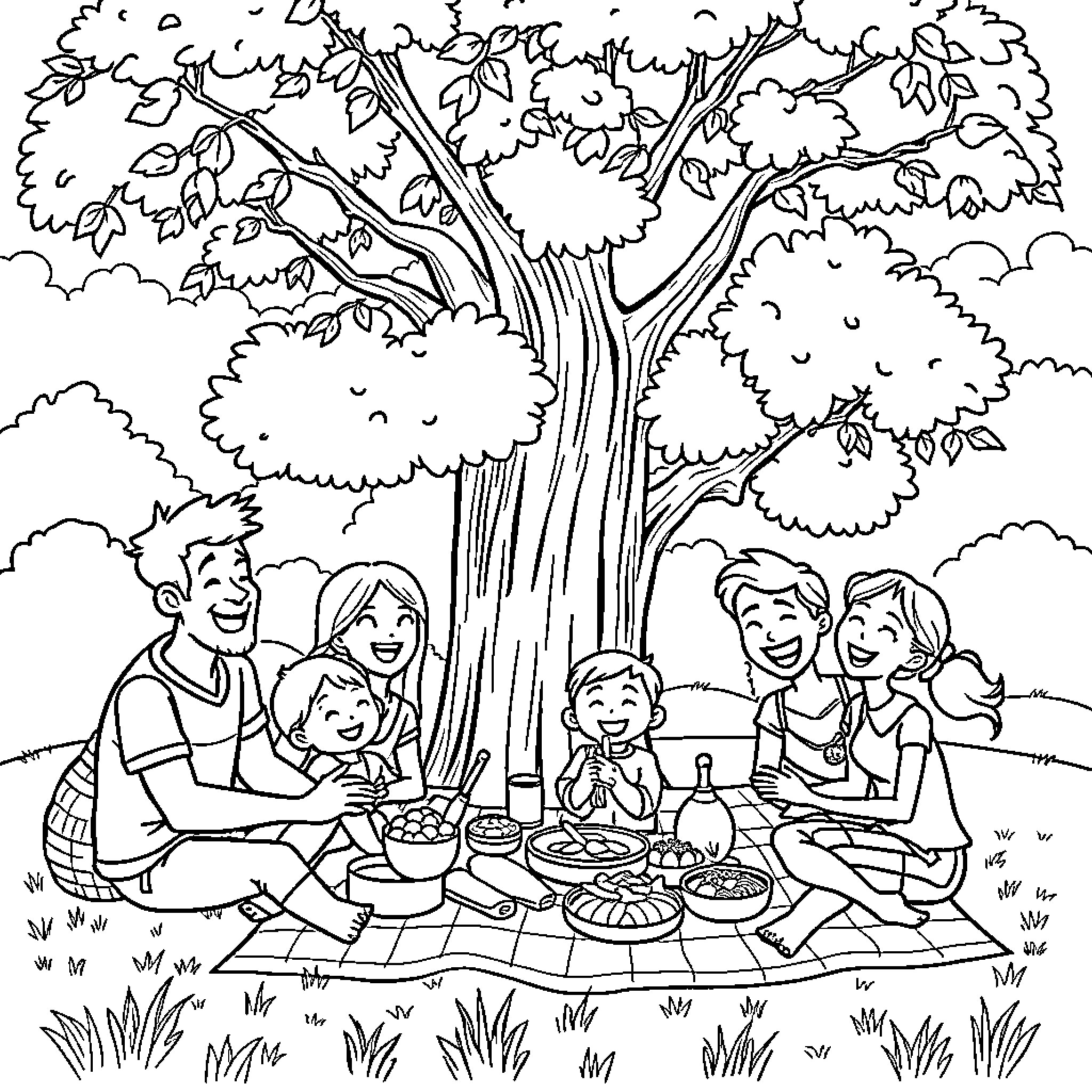 Picnic under a large tree with a happy family Coloring Page (free black-and-white line drawing printable PDF for all, from beginners to advanced learners, including children, teens, adults, and seniors)