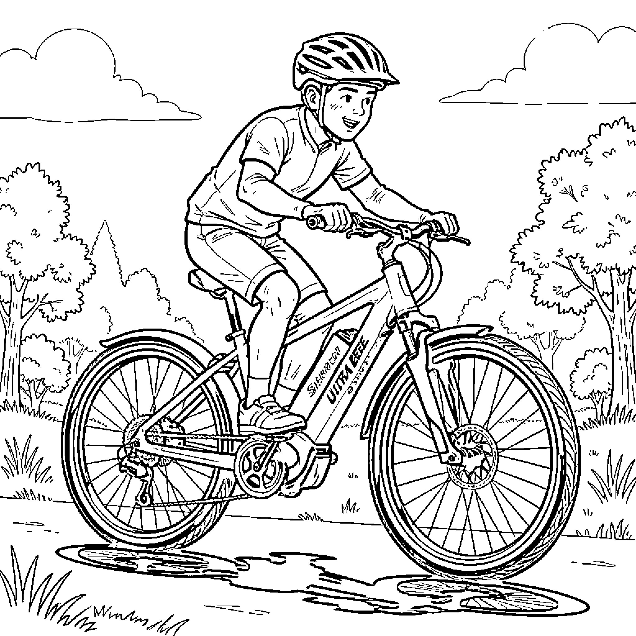 Surron Ultra Bee cyclist riding on a bicycle through nature Coloring Page (free black-and-white line drawing printable PDF for all, from beginners to advanced learners, including children, teens, adults, and seniors)