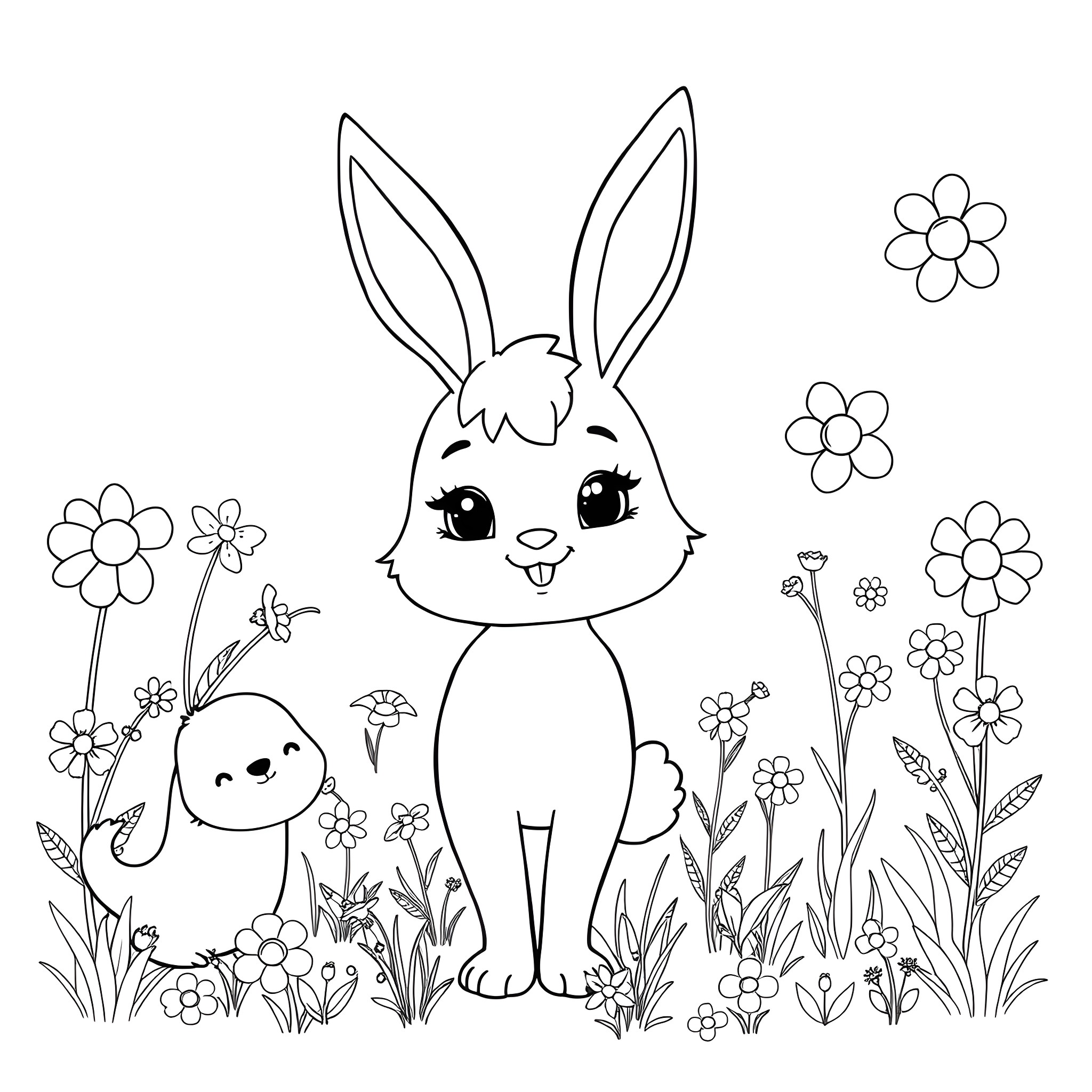 Pekora and friend enjoying a flowery meadow Coloring Page (free black-and-white line drawing printable PDF for all, from beginners to advanced learners, including children, teens, adults, and seniors)