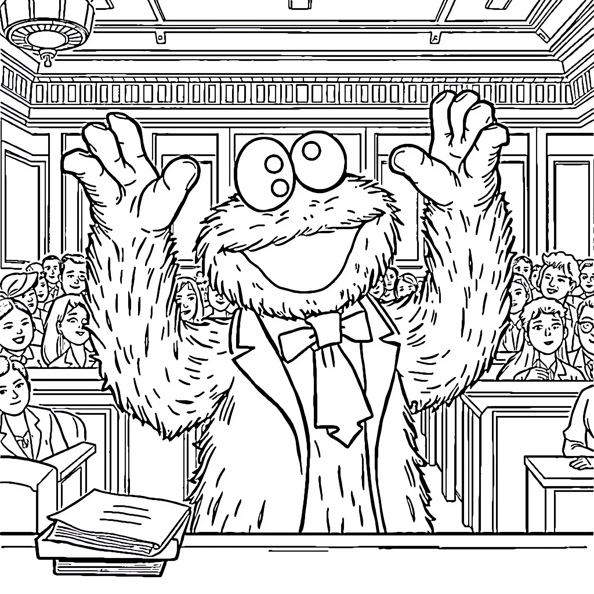 Cookie Monster performing cheerfully in courtroom Coloring Page (free black-and-white line drawing printable PDF for all, from beginners to advanced learners, including children, teens, adults, and seniors)