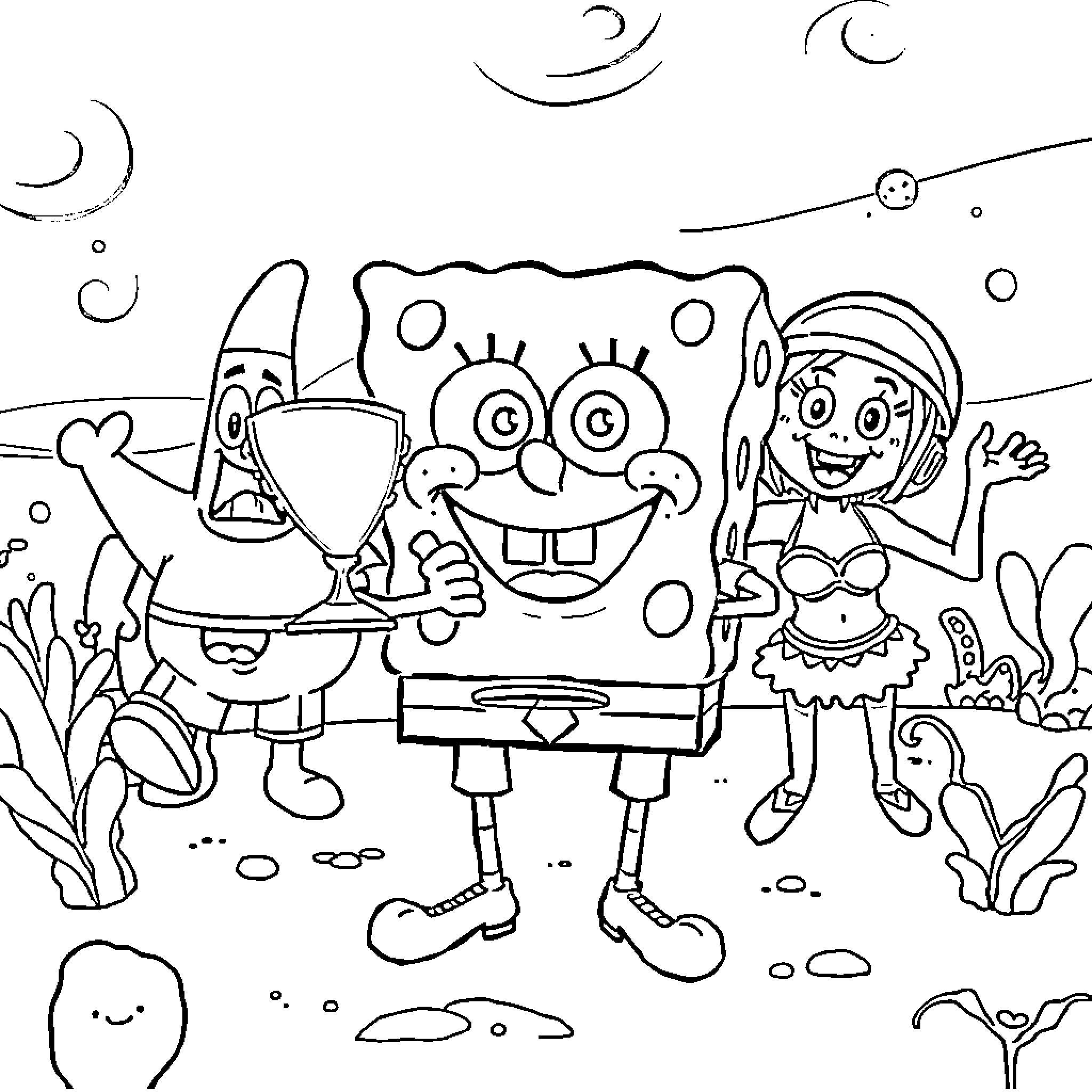 Spongebob and friends enjoying a fun day at the beach Coloring Page (free black-and-white line drawing printable PDF for all, from beginners to advanced learners, including children, teens, adults, and seniors)