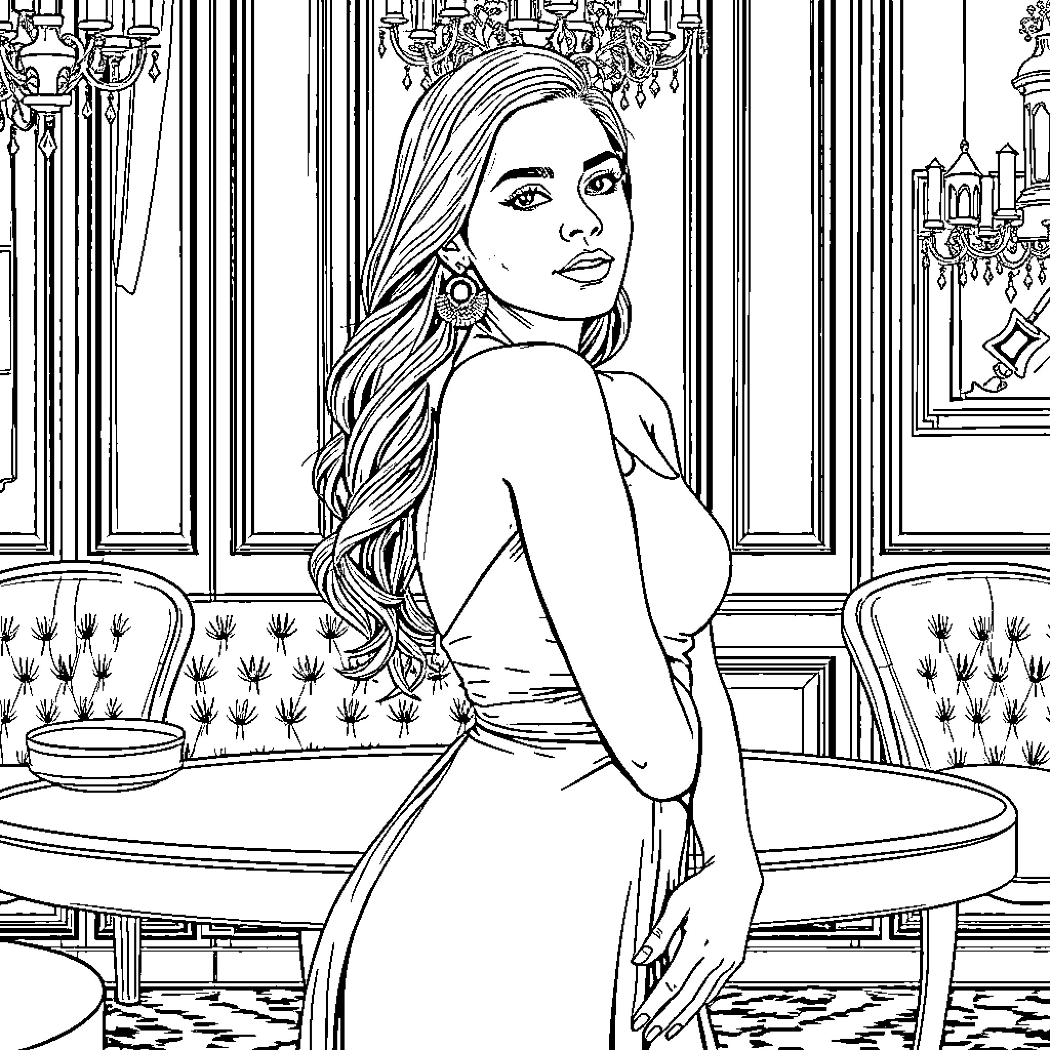 Jenna Ortega posing elegantly in a luxurious setting Coloring Page (free black-and-white line drawing printable PDF for all, from beginners to advanced learners, including children, teens, adults, and seniors)