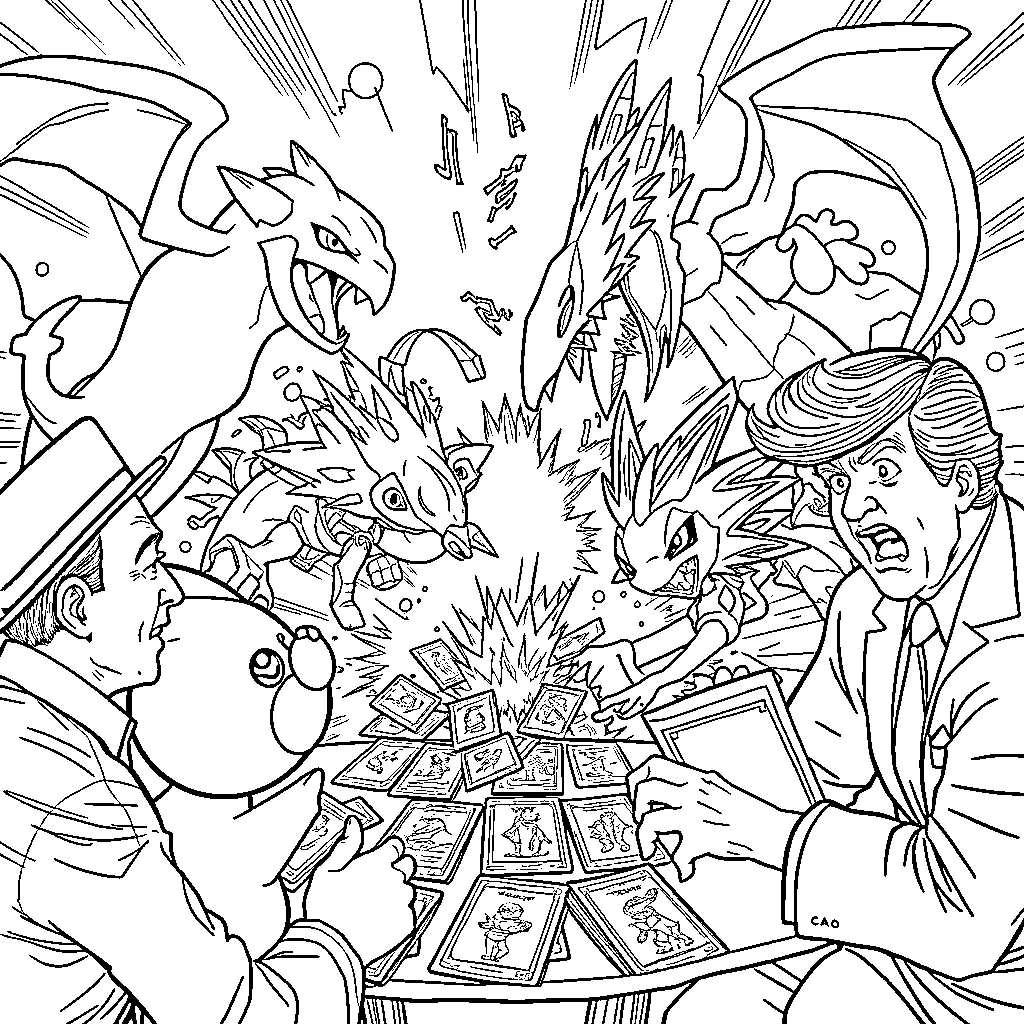 Character confronted by a fantastical creature in an epic scene Coloring Page (free black-and-white line drawing printable PDF for all, from beginners to advanced learners, including children, teens, adults, and seniors)