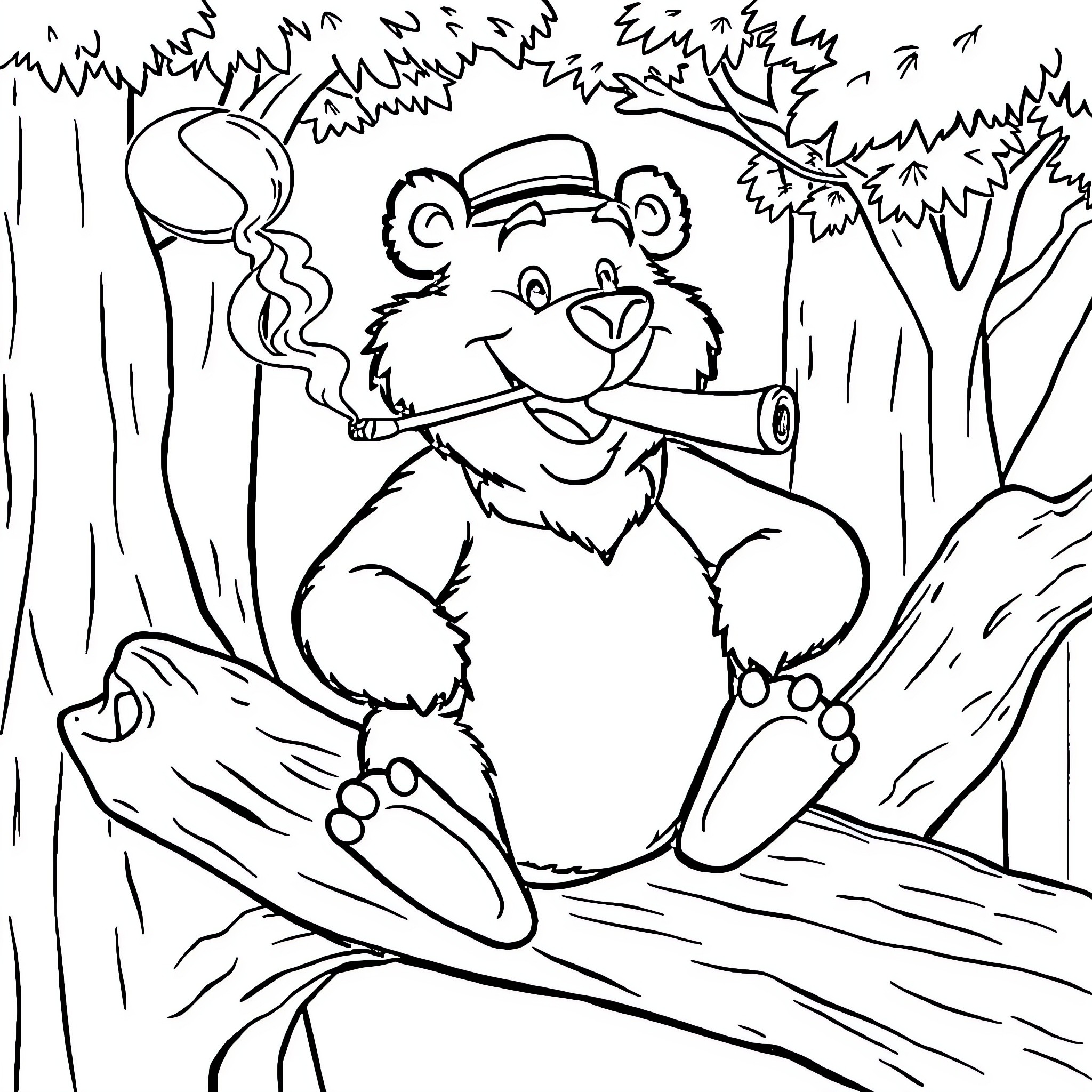 Yogi Bear relaxing in the forest with his camping gear Coloring Page (free black-and-white line drawing printable PDF for all, from beginners to advanced learners, including children, teens, adults, and seniors)